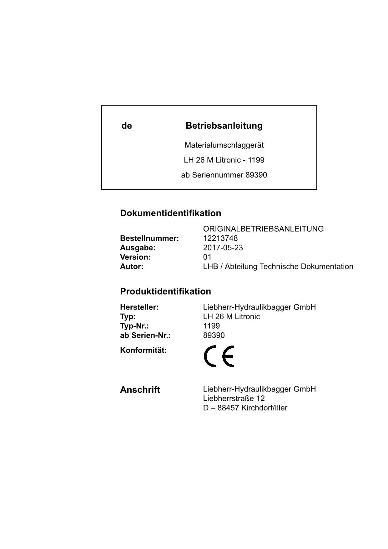 Liebherr LH26 M Litronic Materialumschlaggerät Betriebsanleitung typ 1199