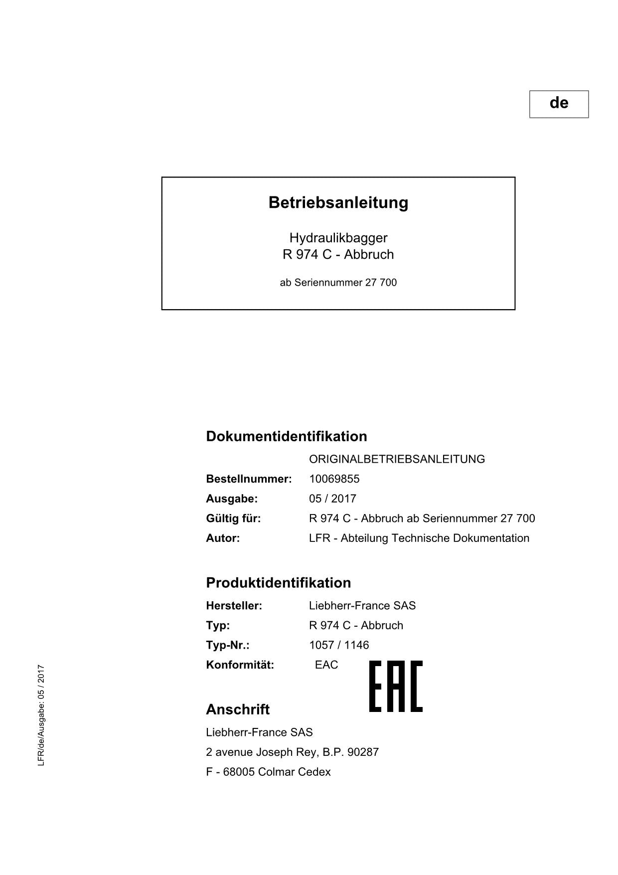 Liebherr R974 C Abbruch Hydraulikbagger Manuel d'instructions