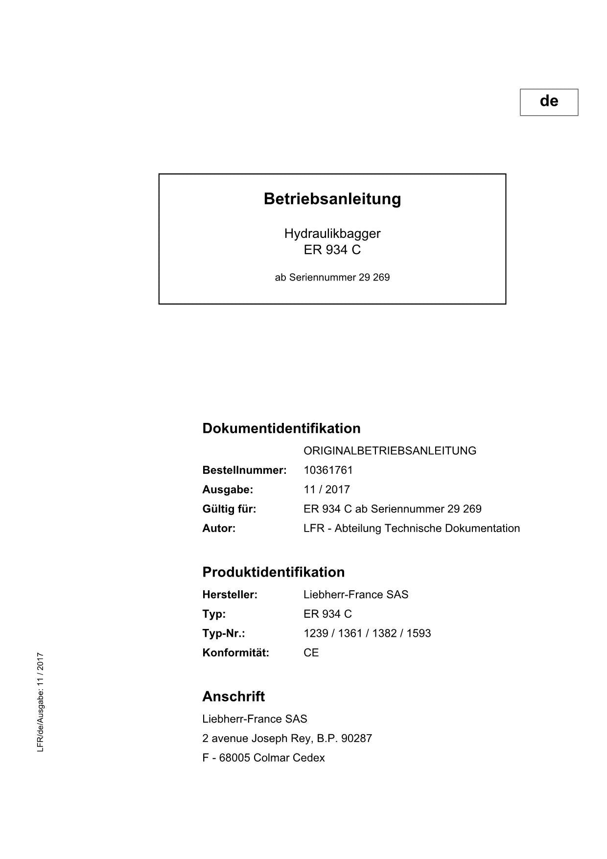 Liebherr ER934 C Hydraulikbagger Betriebsanleitung 2017