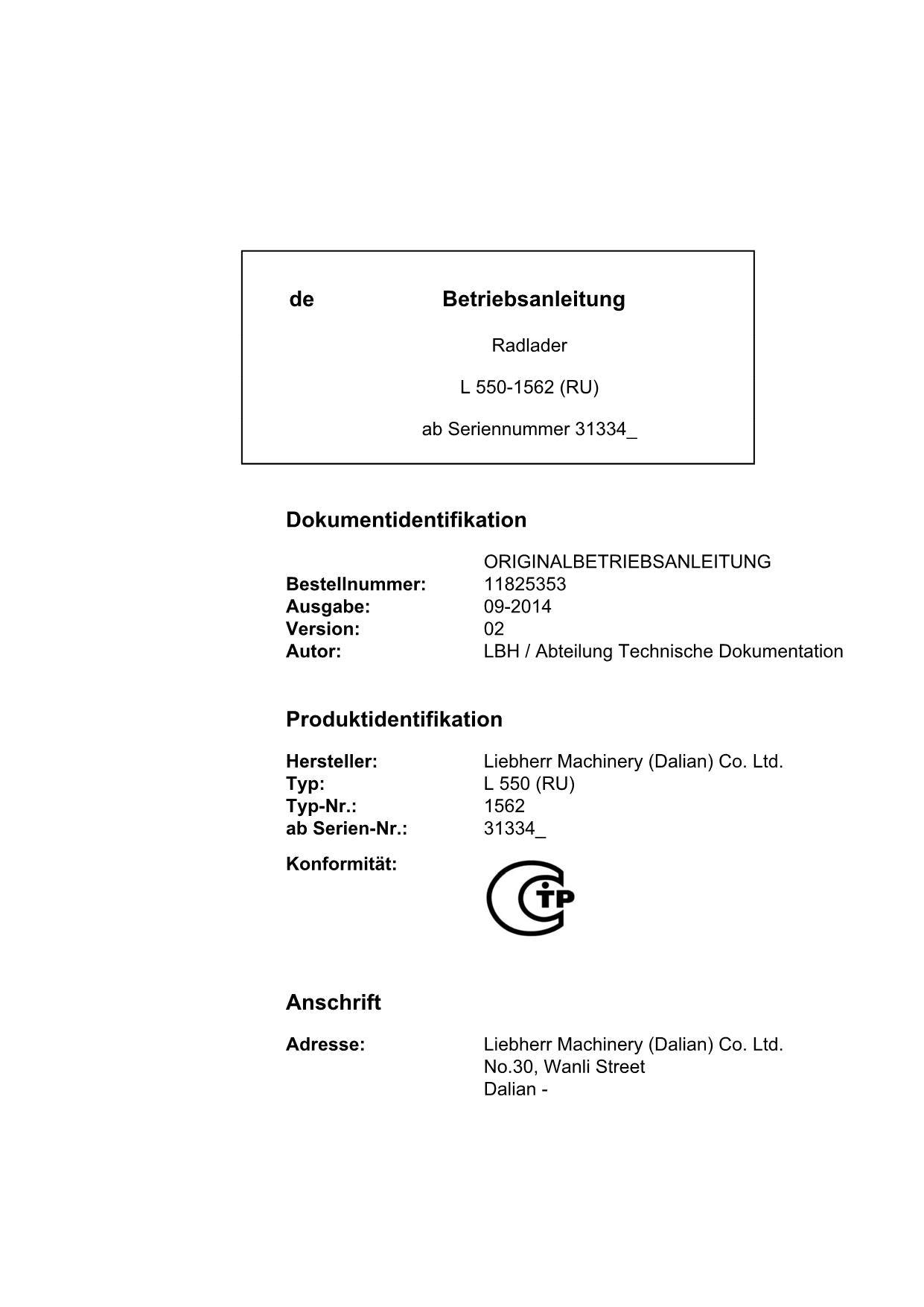 Liebherr L550 RU Radlader Betriebsanleitung ser 31334