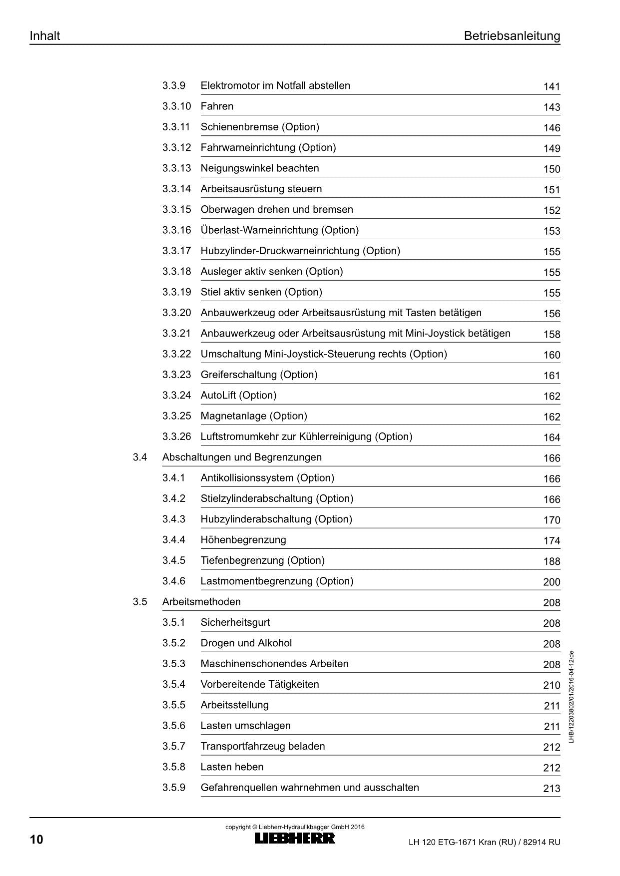 Liebherr LH120 ETG Kran RU Materialumschlagmaschine Betriebsanleitung