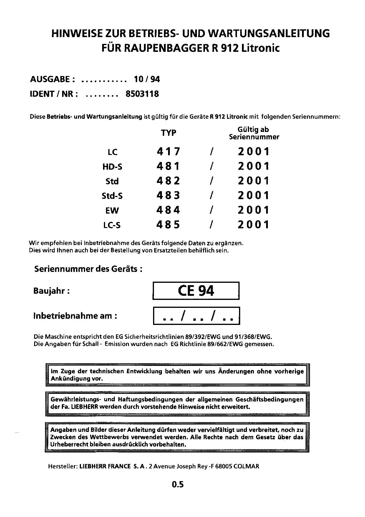 Liebherr R912 Litronic Hydraulikbagger Manuel d'instructions 8503118