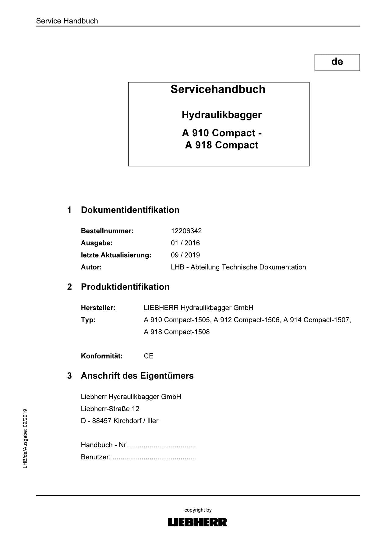 Liebherr A910 A912 A914 A918 Compact bagger Reparaturhandbuch Werkstatthandbuch