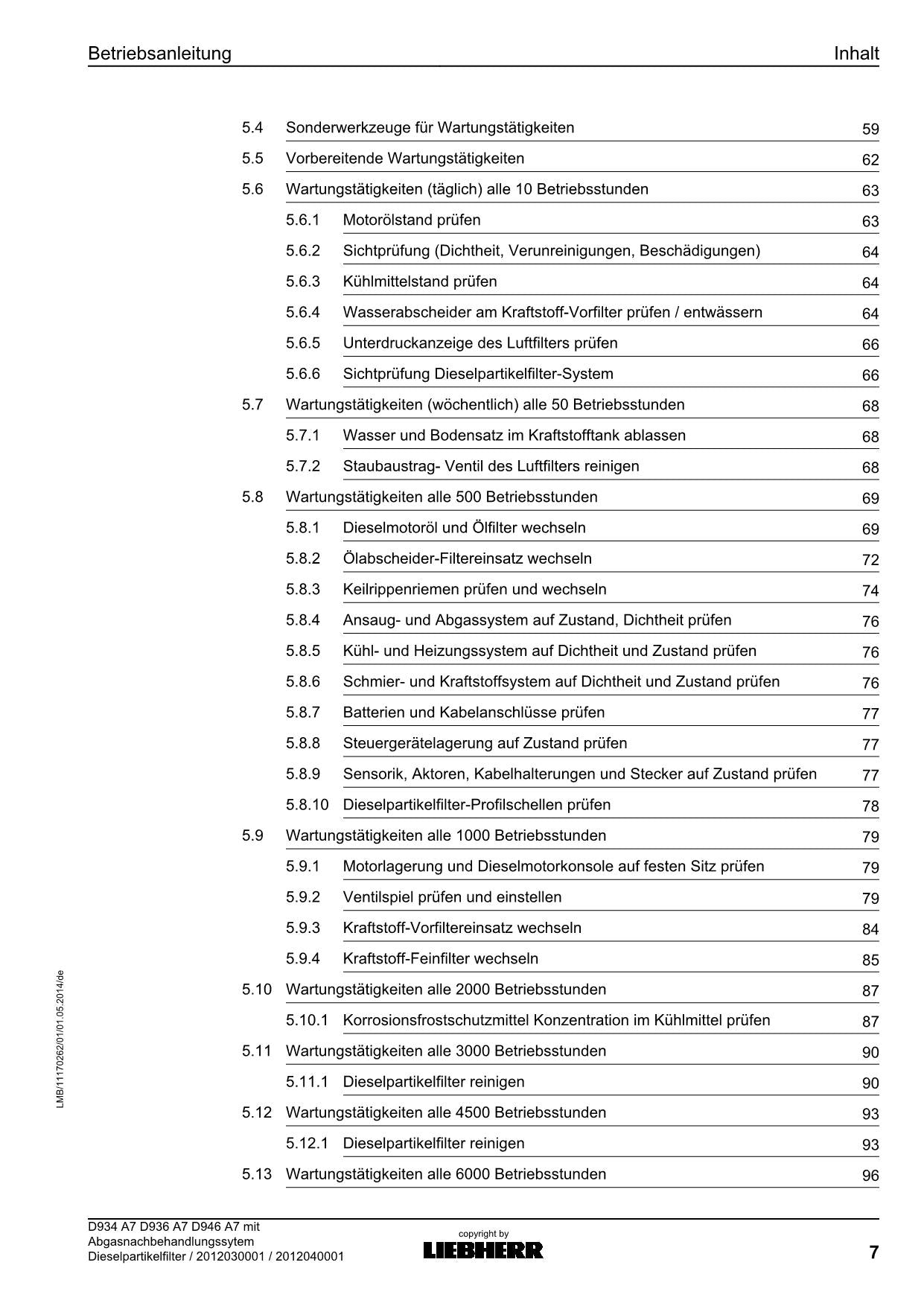 Liebherr D934 A7 D936 A7 D946 A7 Dieselpartikelfilter motor Betriebsanleitung