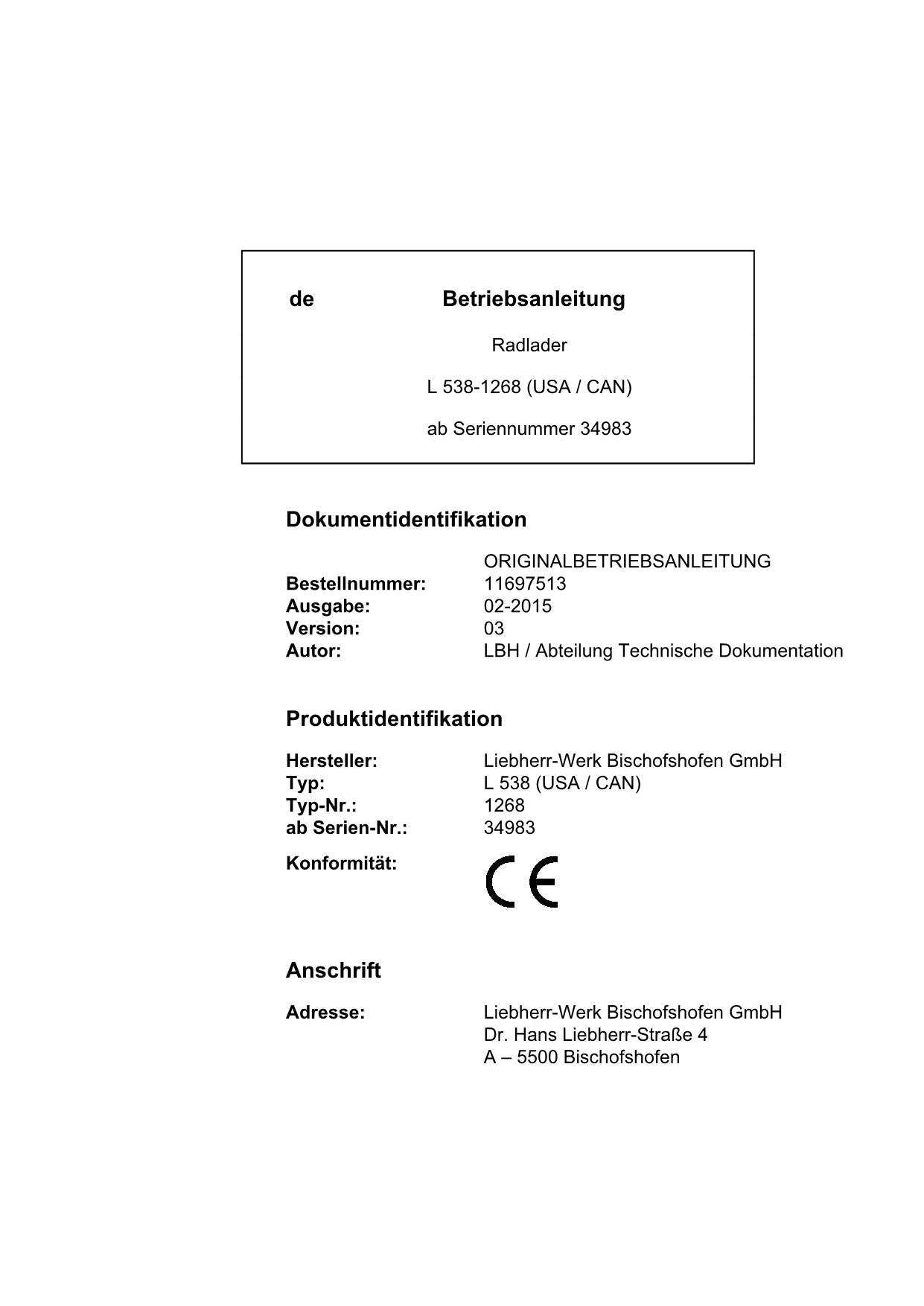 Liebherr L538 USACAN Radlader Betriebsanleitung ser 34983