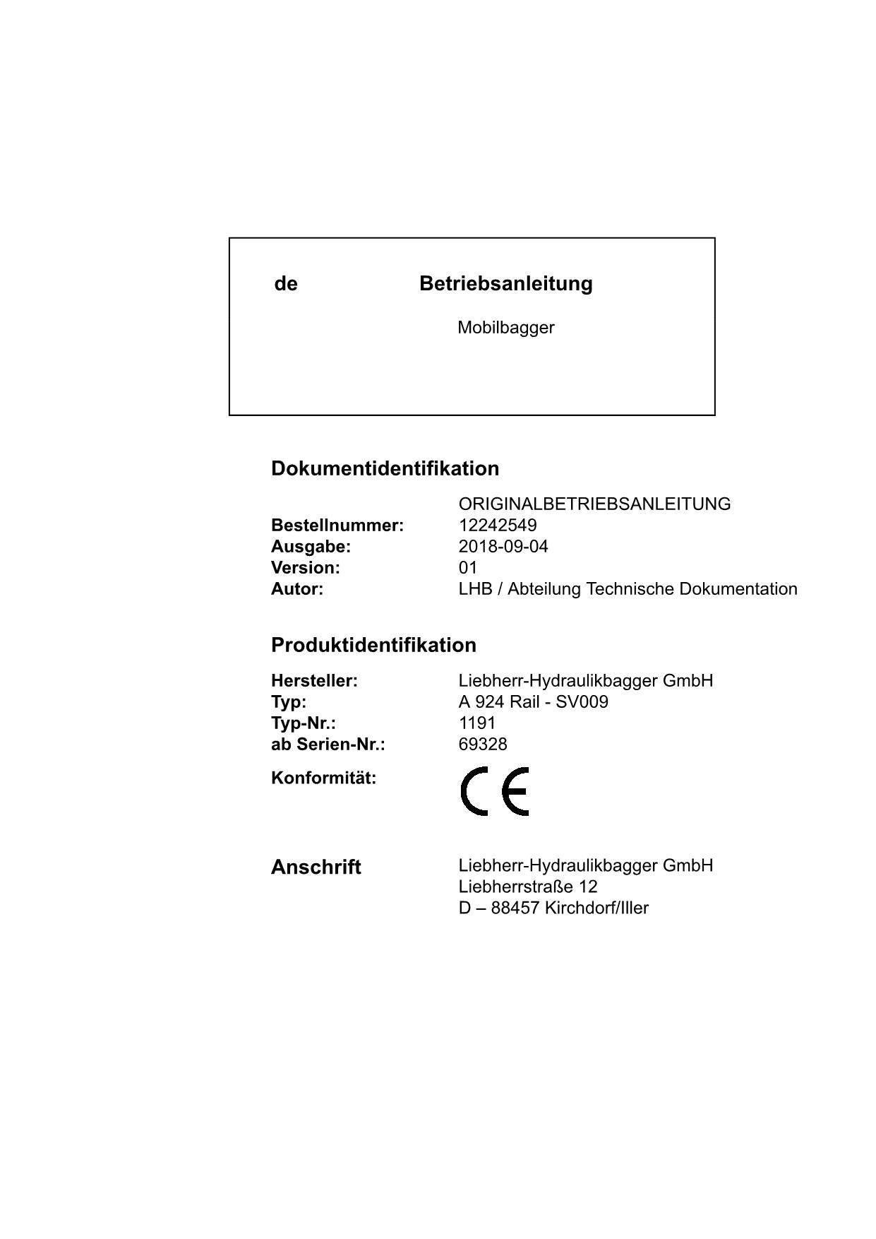 Liebherr A924 RaiL SV009 Mobilbagger Betriebsanleitung