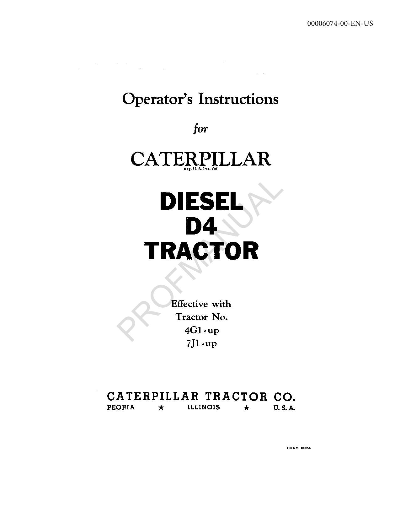 Caterpillar Diesel D4 Tractor Operators Maintenance Manual 4G1-Up 7Ji-up