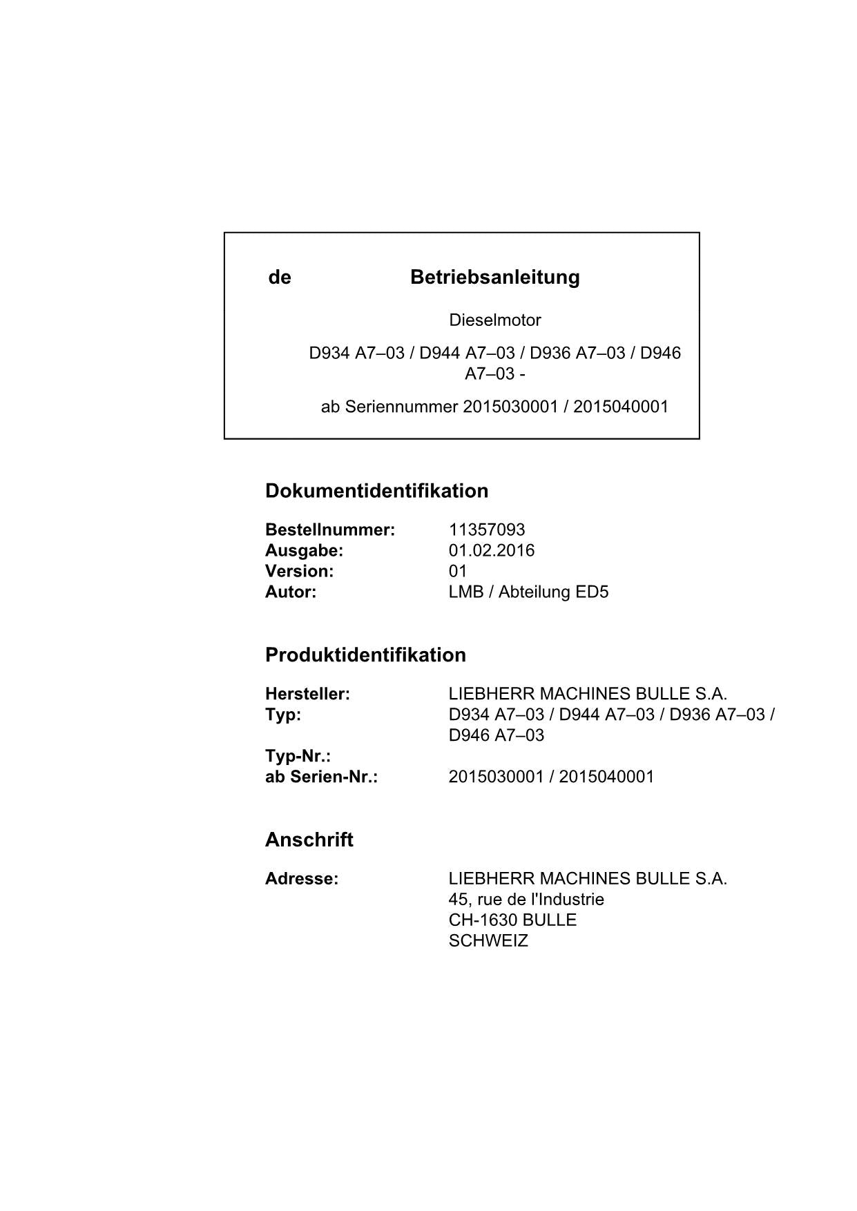 Liebherr D934 D944 D936 D946 A7-03 Motor Betriebsanleitung