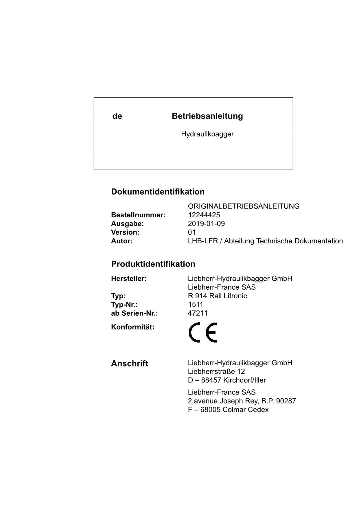 Liebherr R914 RailLitronic Hydraulikbagger Betriebsanleitung