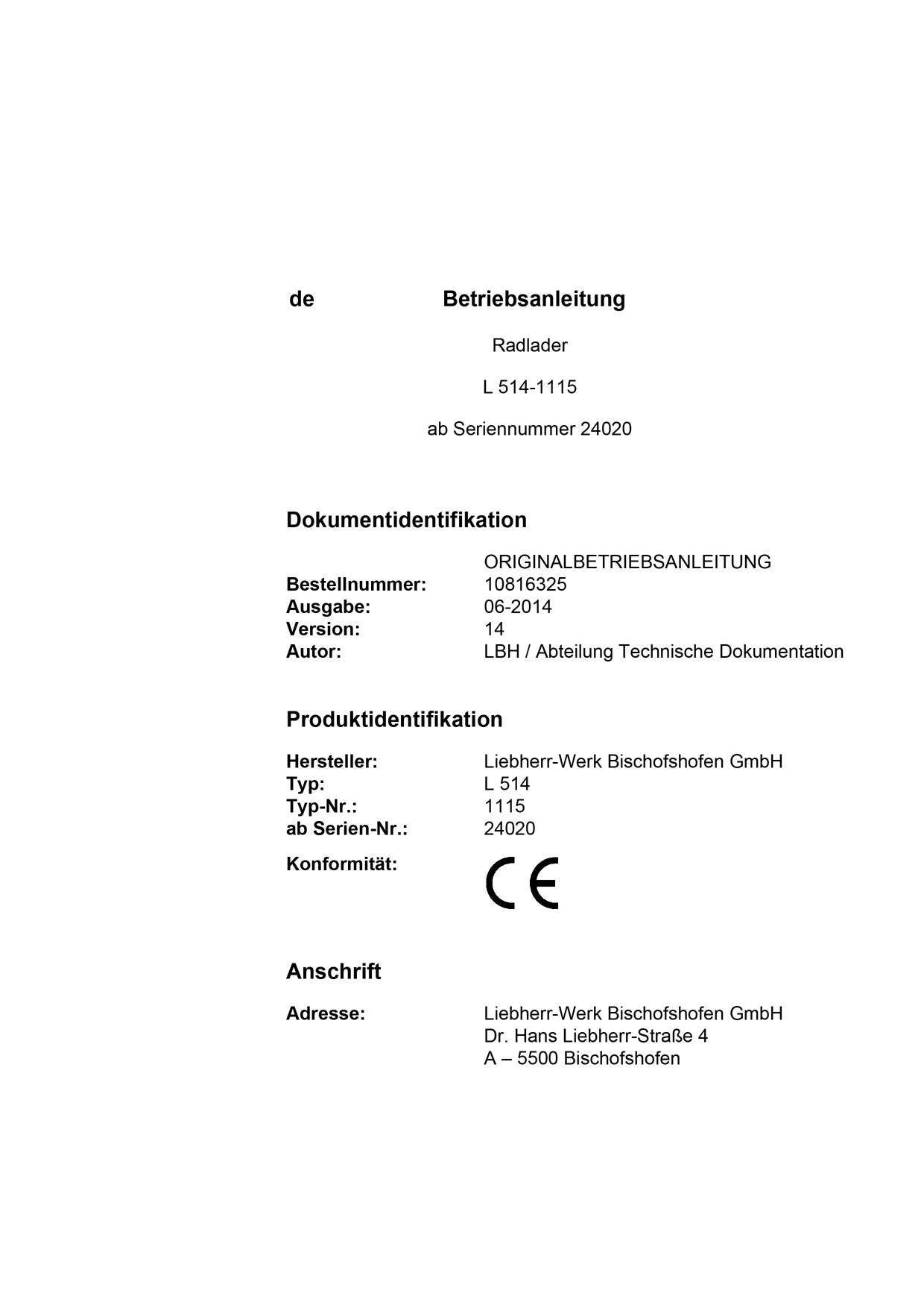 Liebherr L514 Radlader Betriebsanleitung ser 24020