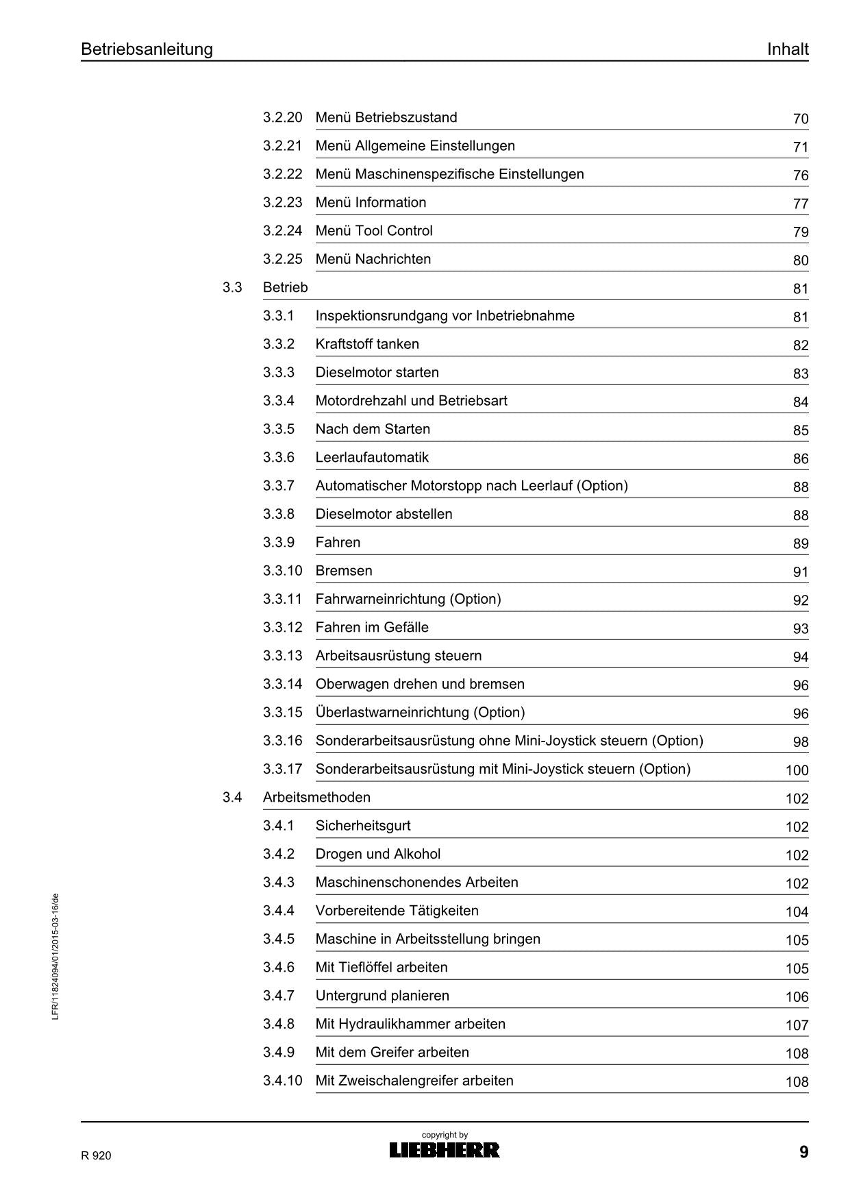 Liebherr R920 Hydraulikbagger Betriebsanleitung Wartungsanleitung
