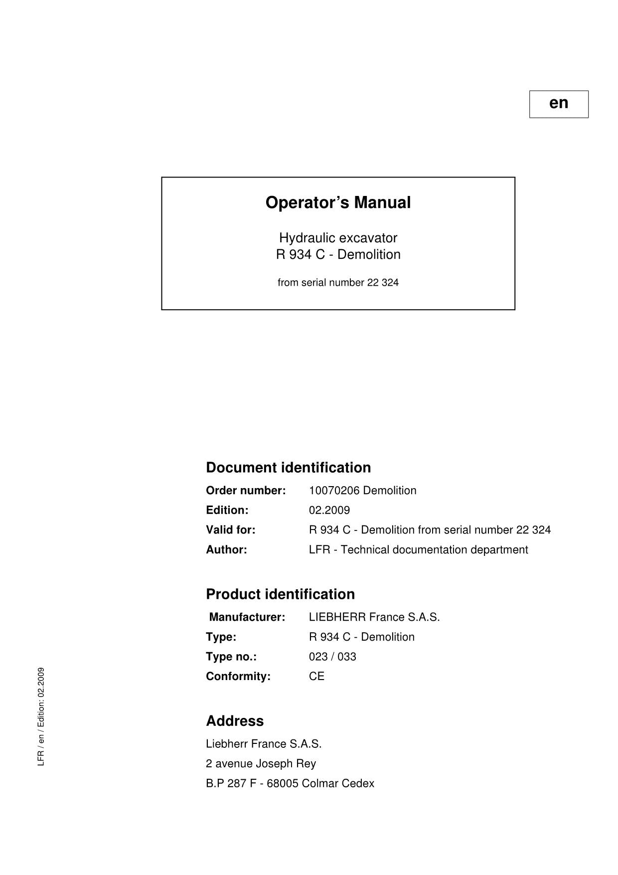 Manuel d'utilisation de la pelle de démolition Liebherr R934 C, numéro de série 22324