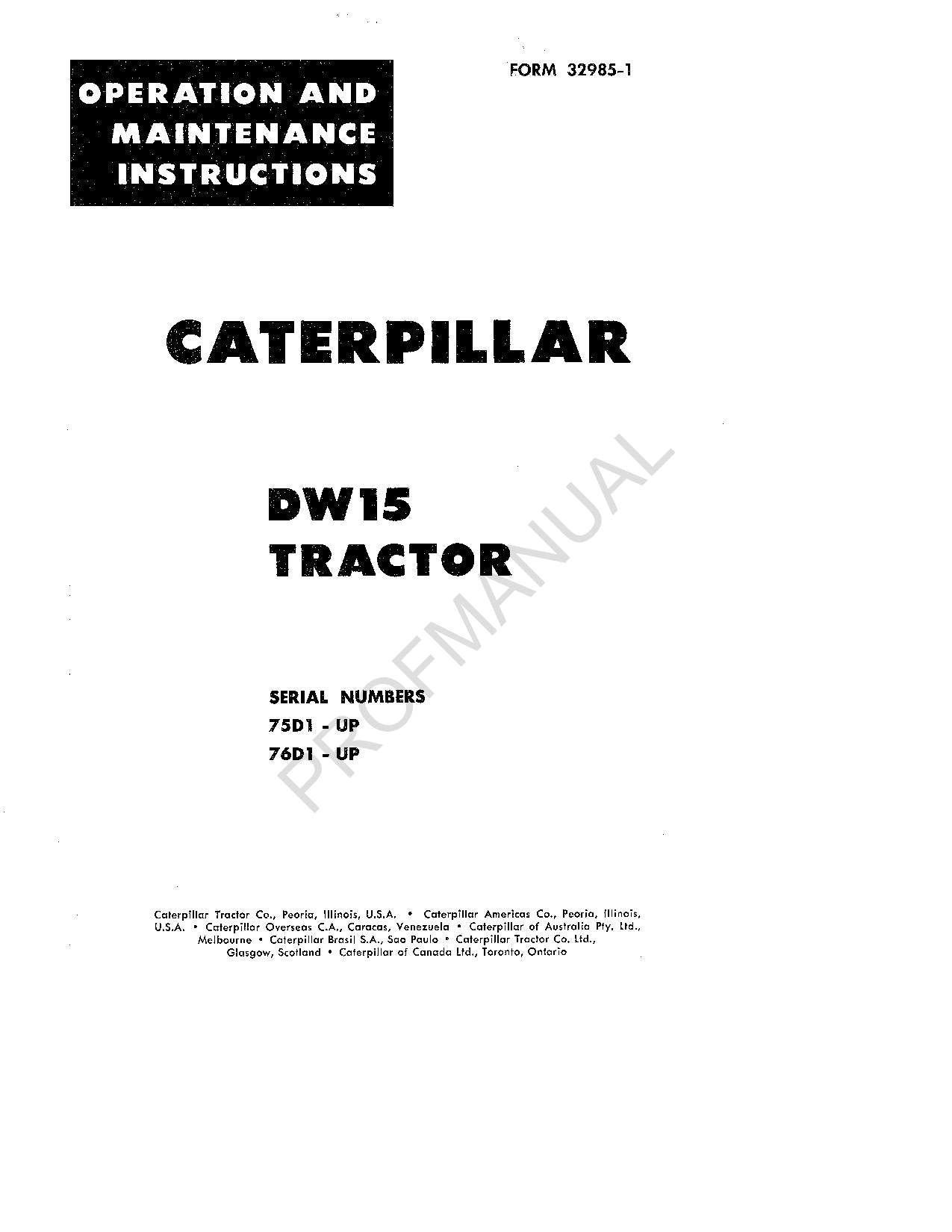 Caterpillar DW15 Tractor Operators Maintenance Manual