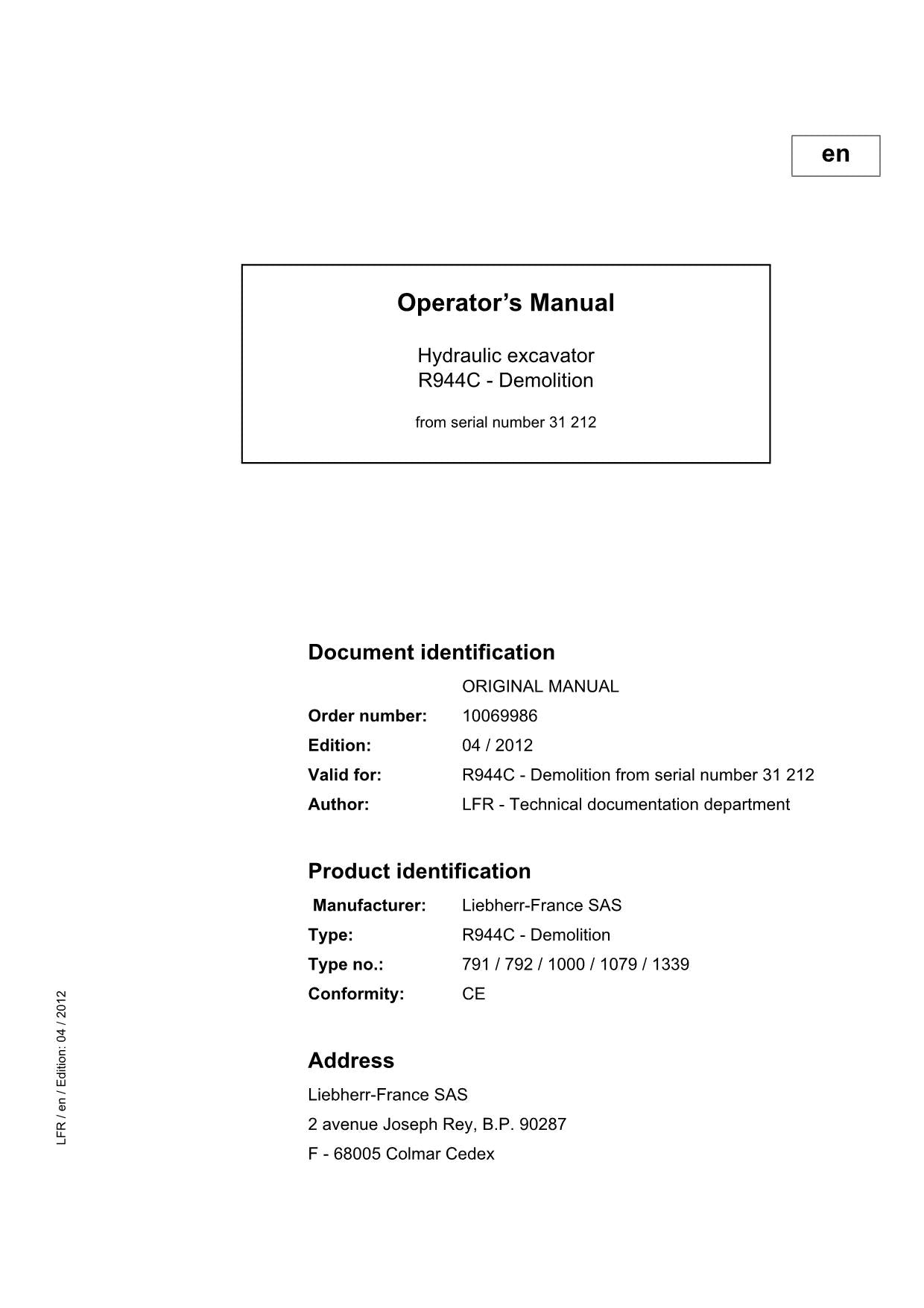 Manuel d'utilisation de la pelle de démolition Liebherr R944 C, numéro de série 31212