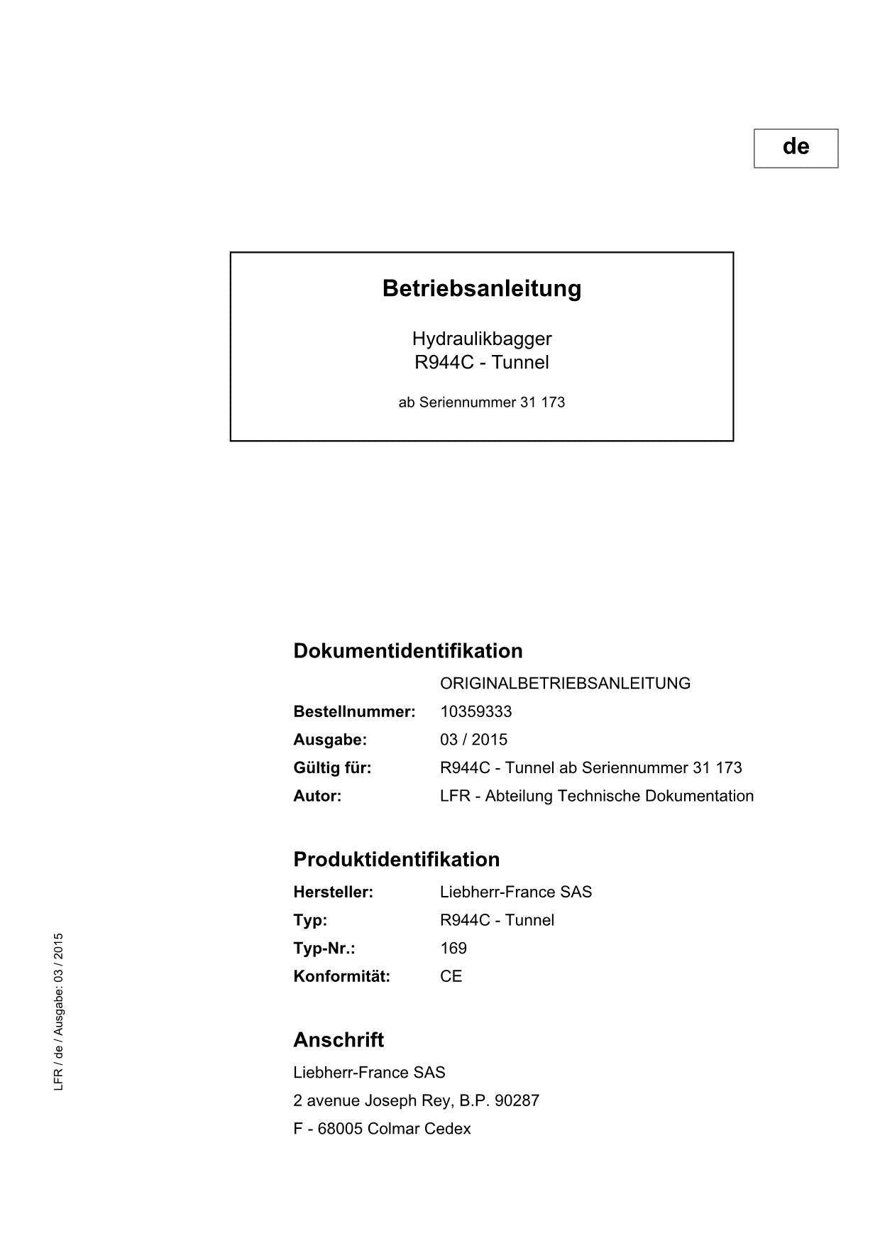 Liebherr R944 C Tunnel Hydraulikbagger Betriebsanleitung 2015