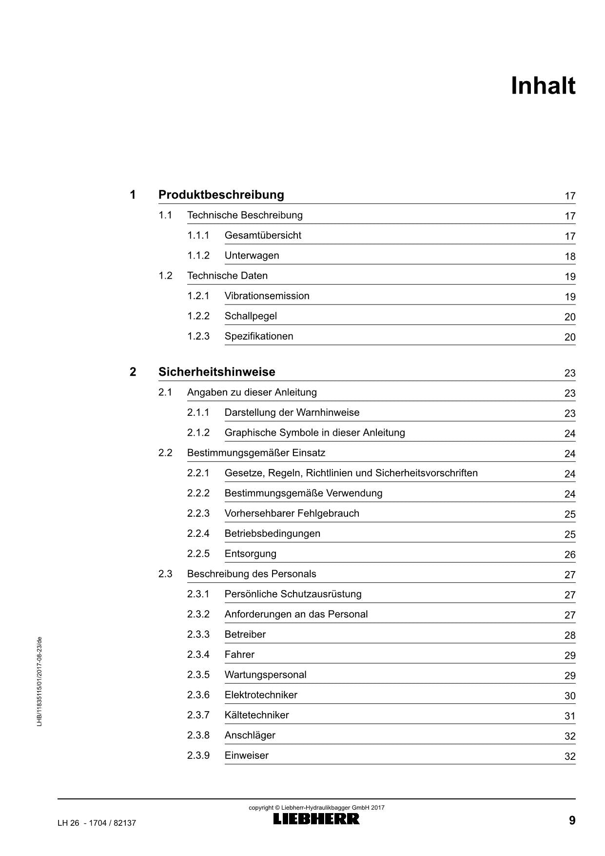 Liebherr LH26 1704 Materialumschlagmaschine Betriebsanleitung