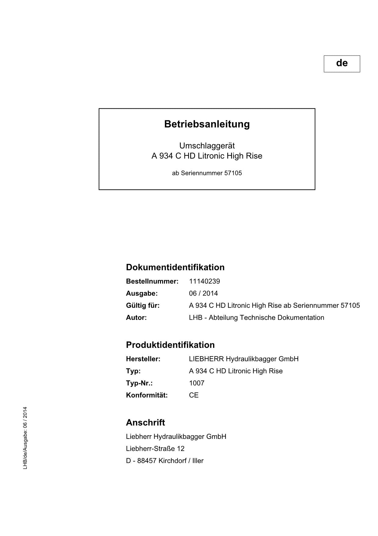 Liebherr A934 C HD Litronic High Rise Umschlaggerät Betriebsanleitung