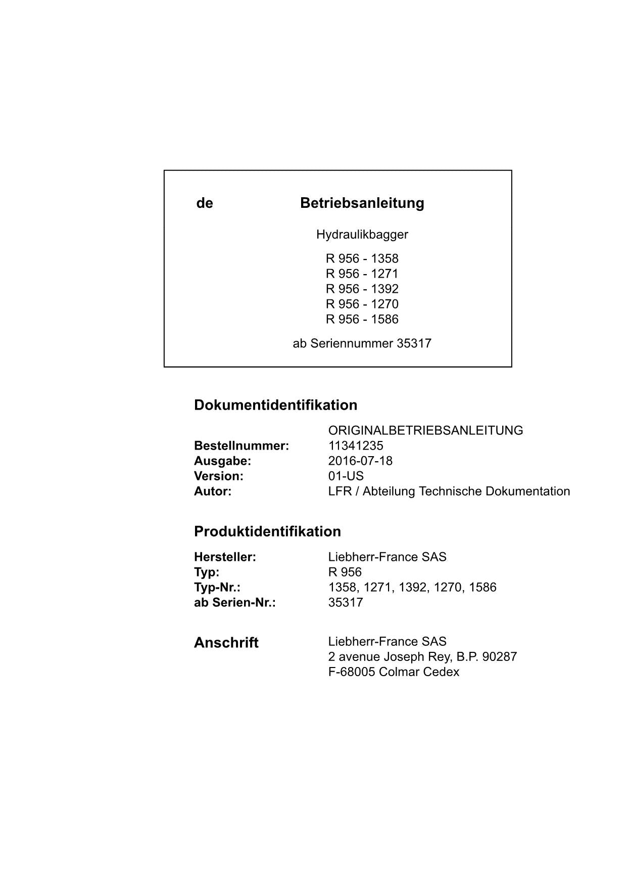 Liebherr R956 Hydraulikbagger Betriebsanleitung ser 35317 USA CAN