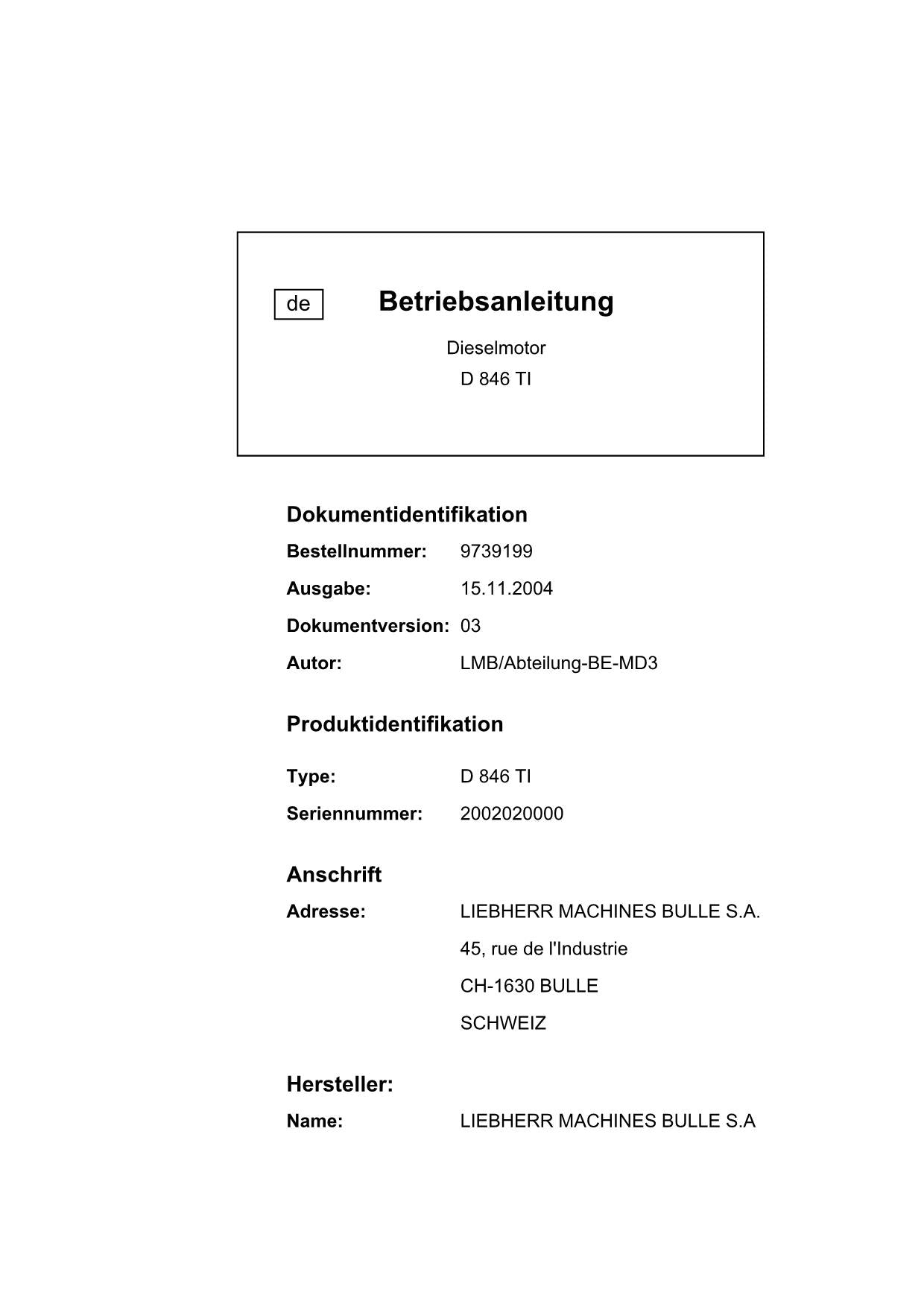 Liebherr D846 TI Moteur diesel Manuel d'instructions