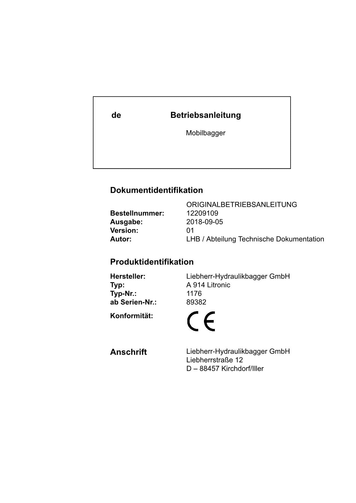 Liebherr A914 Litronic Mobilbagger Manuel d'instructions ser 89382