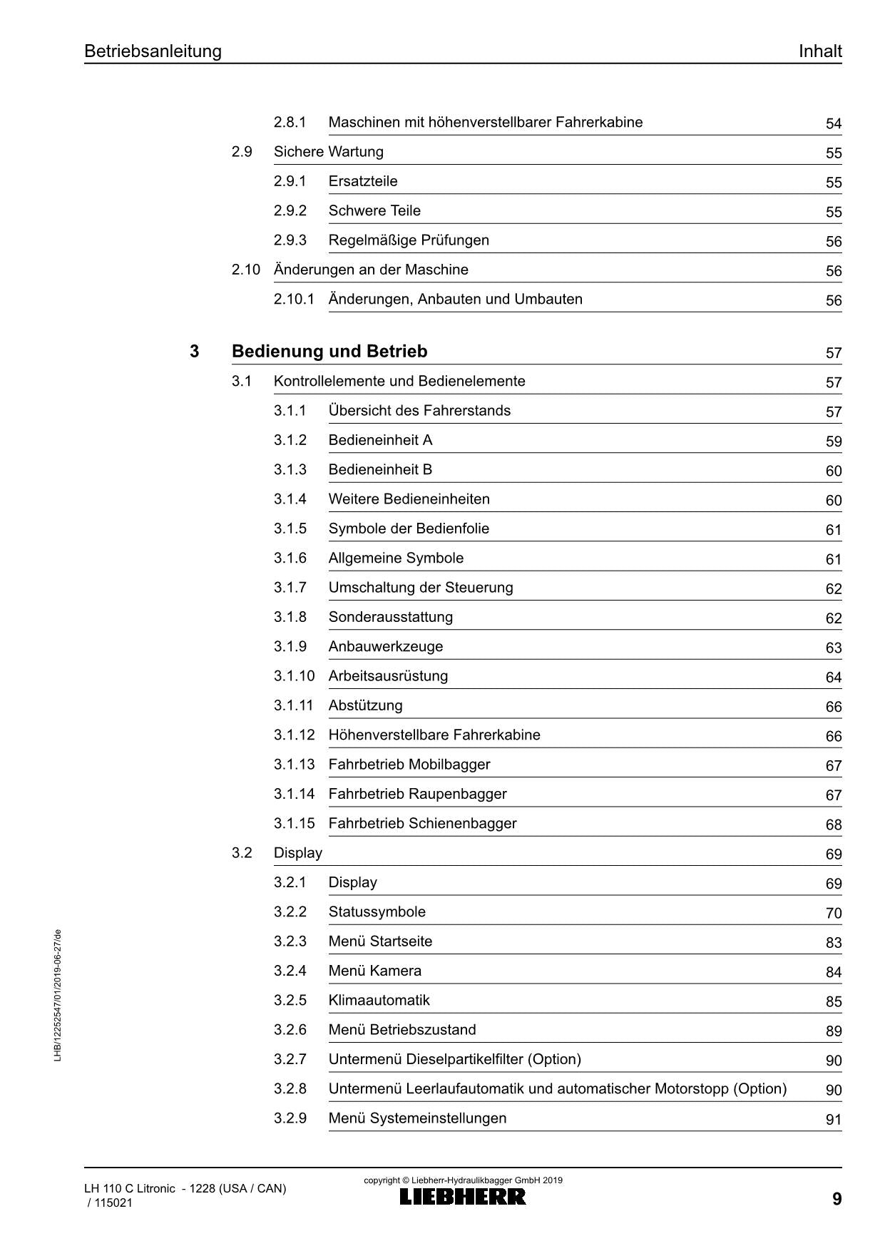 Liebherr LH110 C Litronic Materialumschlaggerät Betriebsanleitung typ 1228 USA