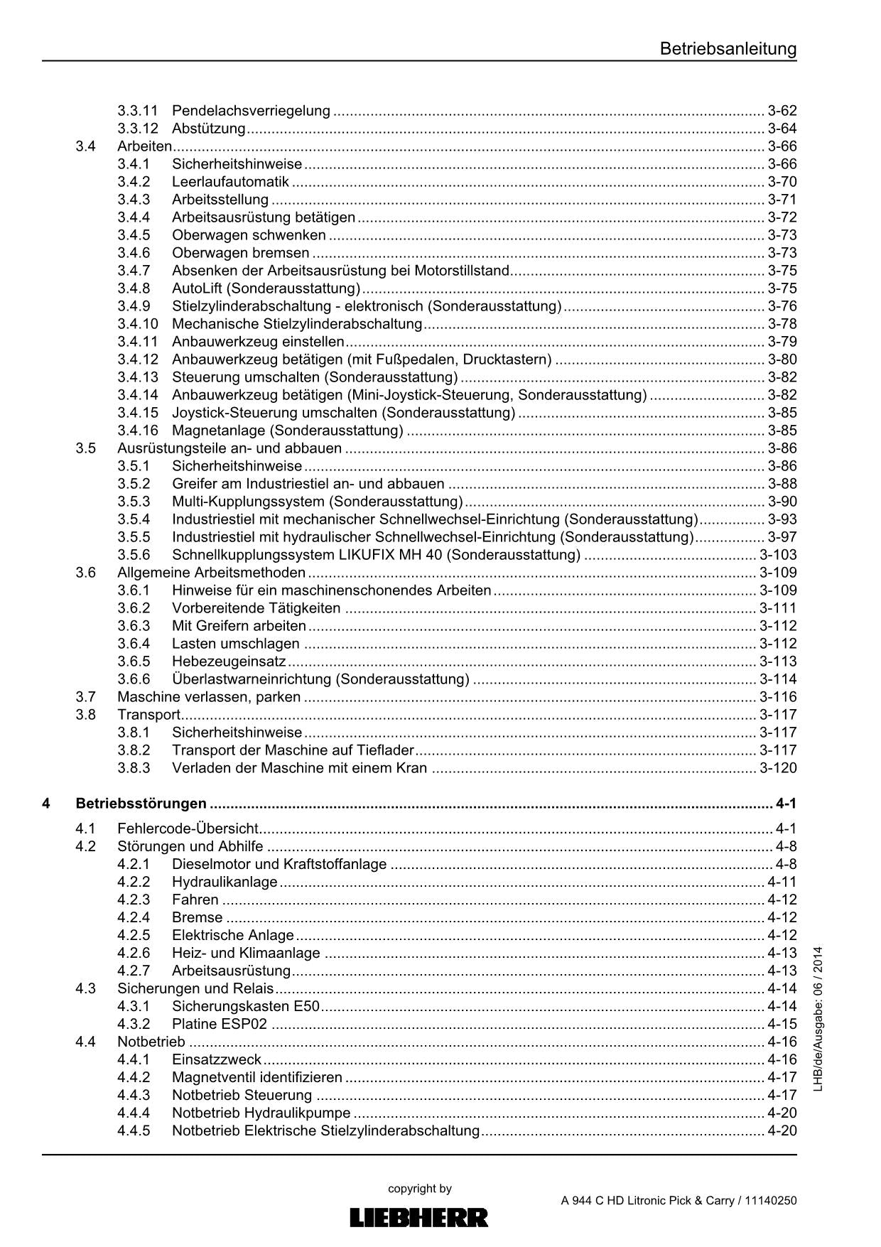 Liebherr A944 C HD Litronic Pick Carry Umschlaggerät Betriebsanleitung 11140250