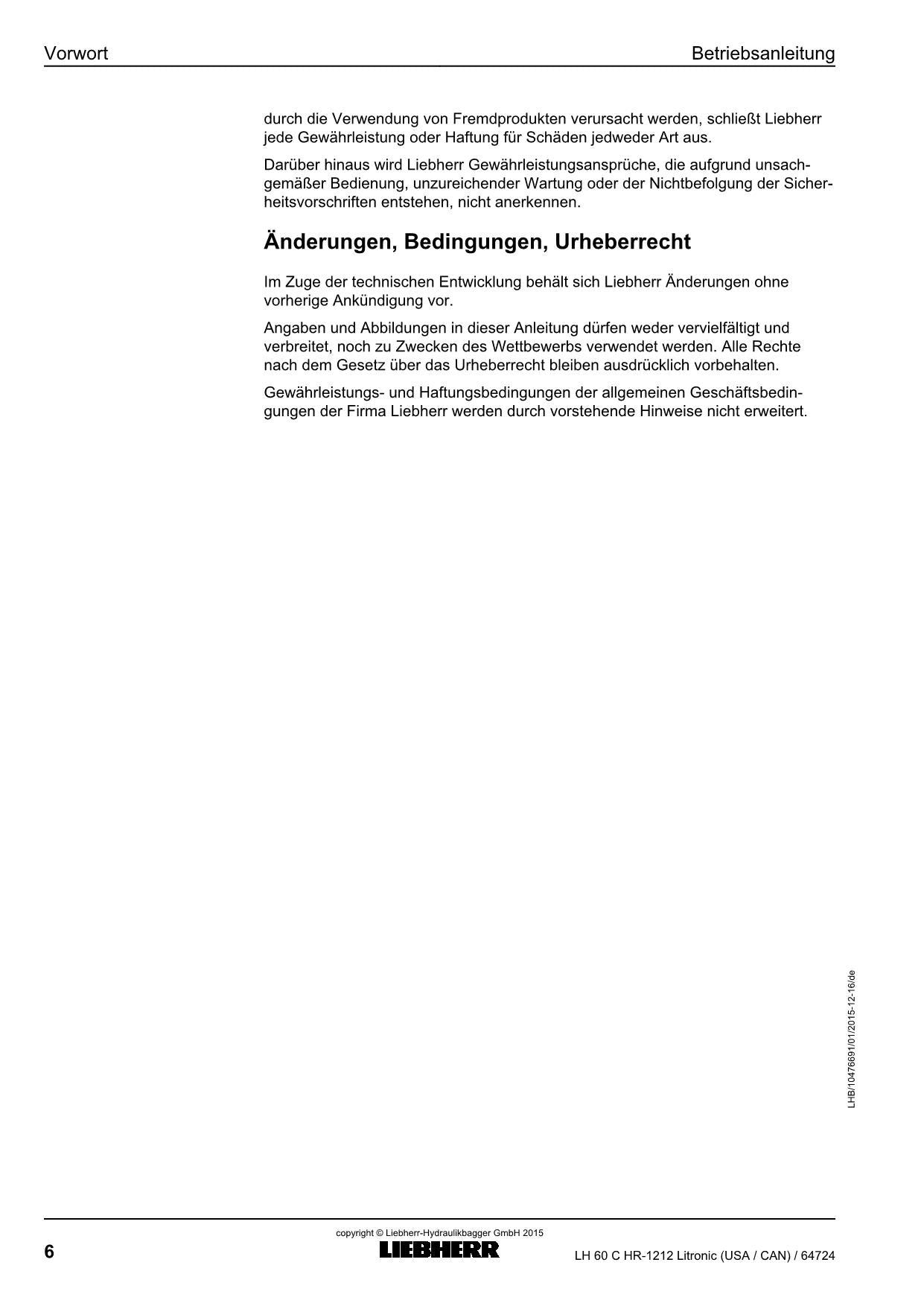 Liebherr LH60 C HRLitronic USACAN Materialumschlaggerät Betriebsanleitung