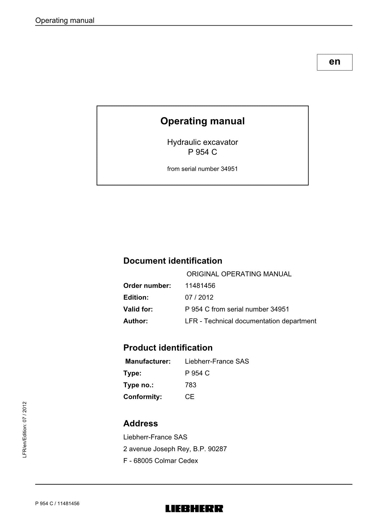 Liebherr P954 C Excavator Operators manual