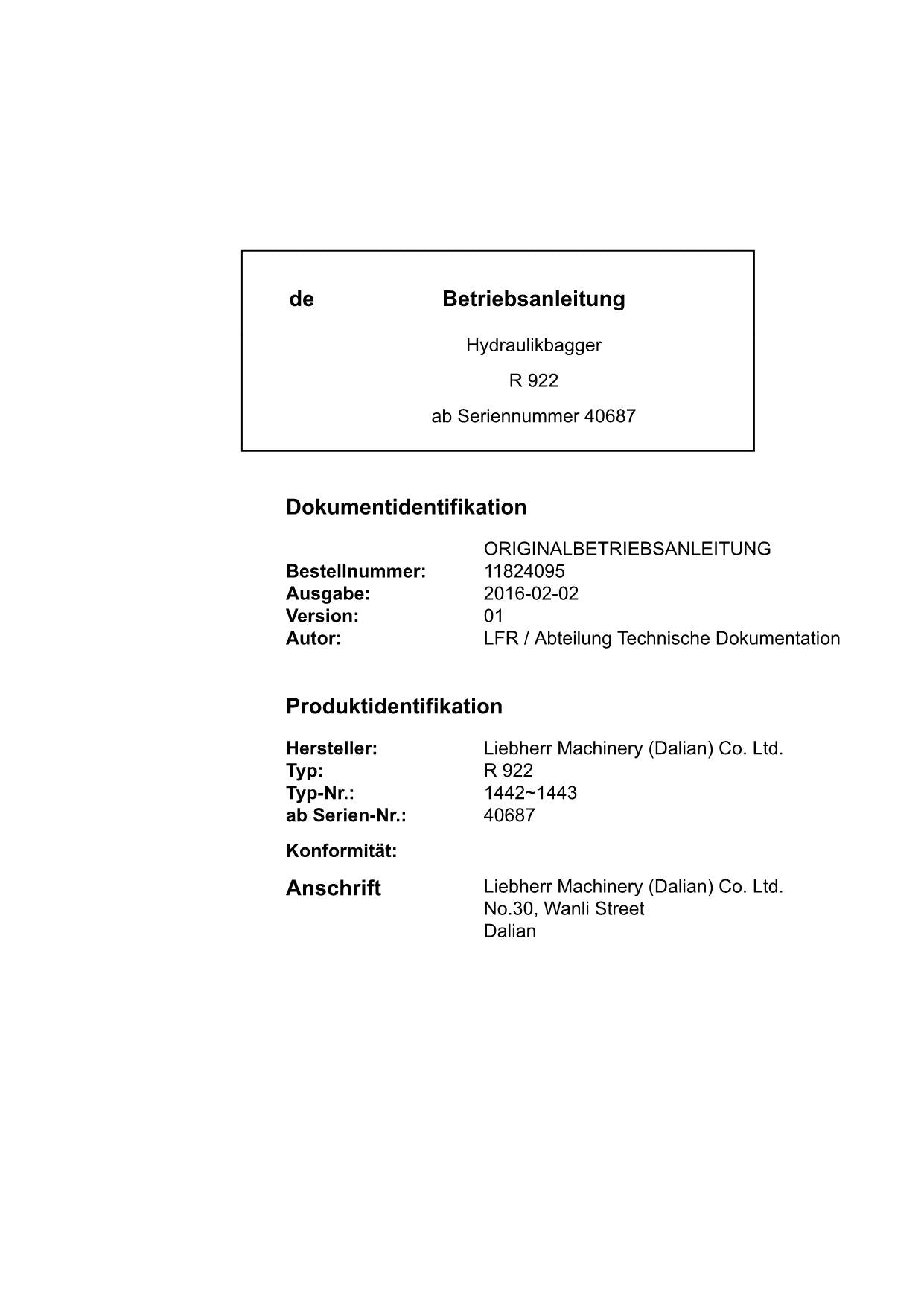 Liebherr R922 Hydraulikbagger Manuel d'instructions ser 40687