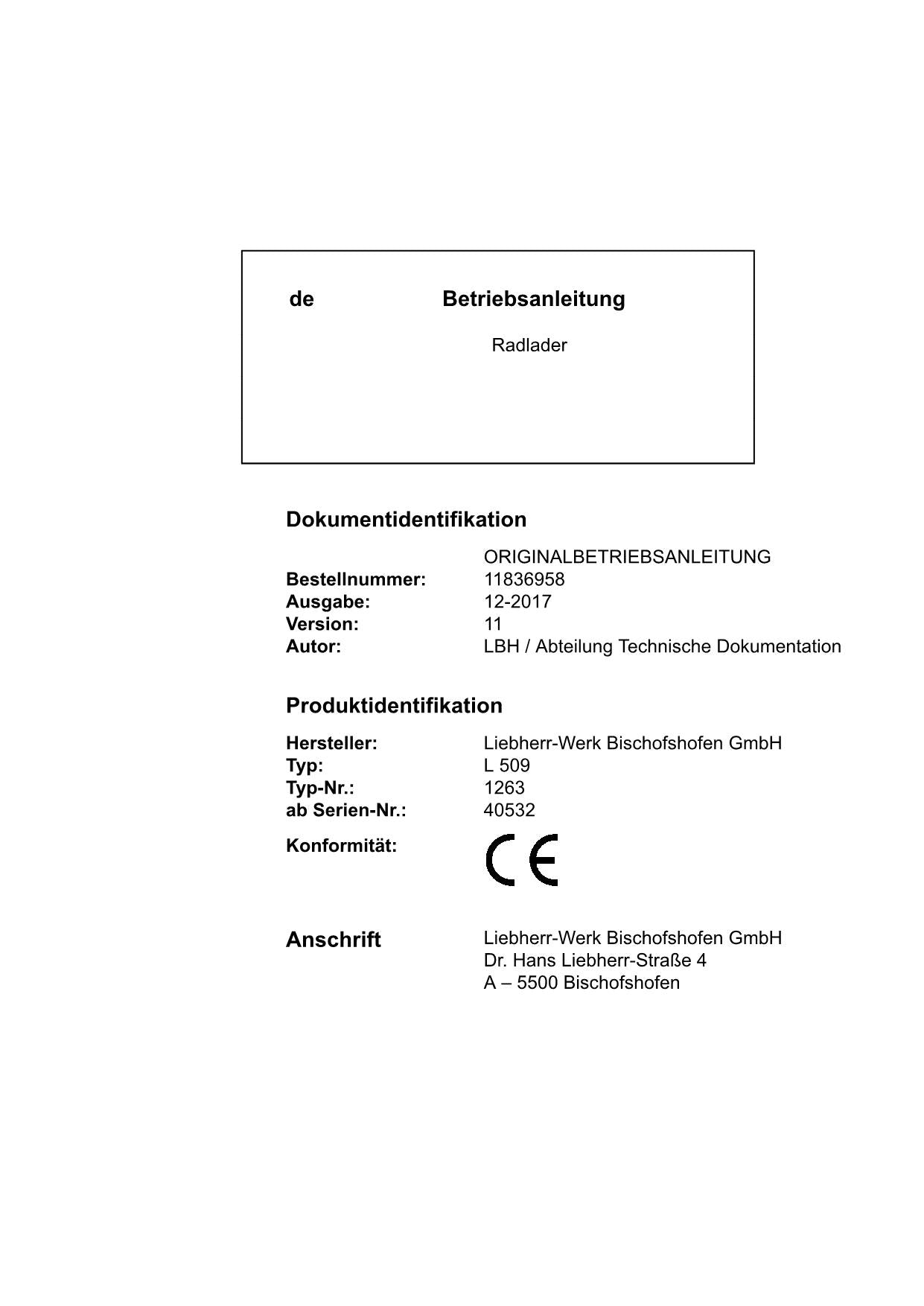 Liebherr L509 Radlader Betriebsanleitung ser 40532 typ 1263