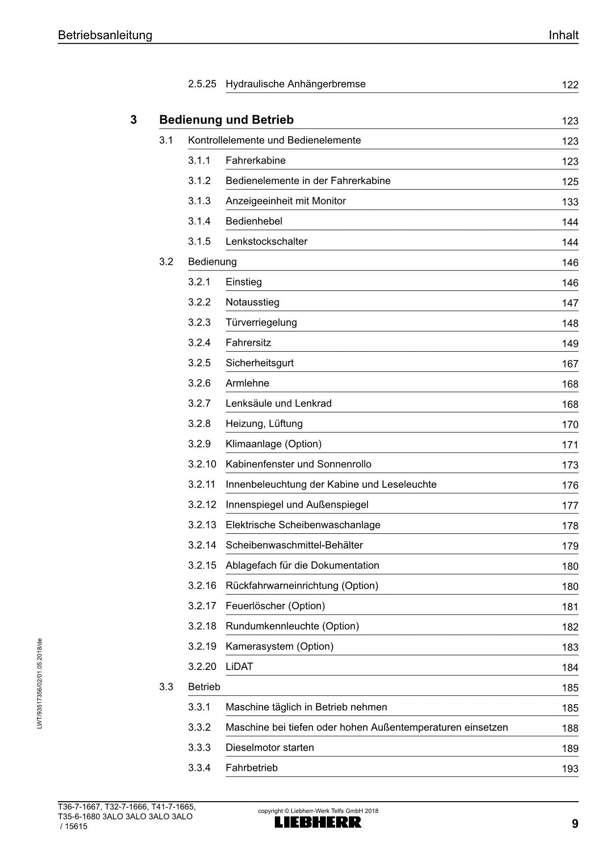 Liebherr T32-7 35-6 36-7 41-7 3A Teleskoplader Betriebsanleitung