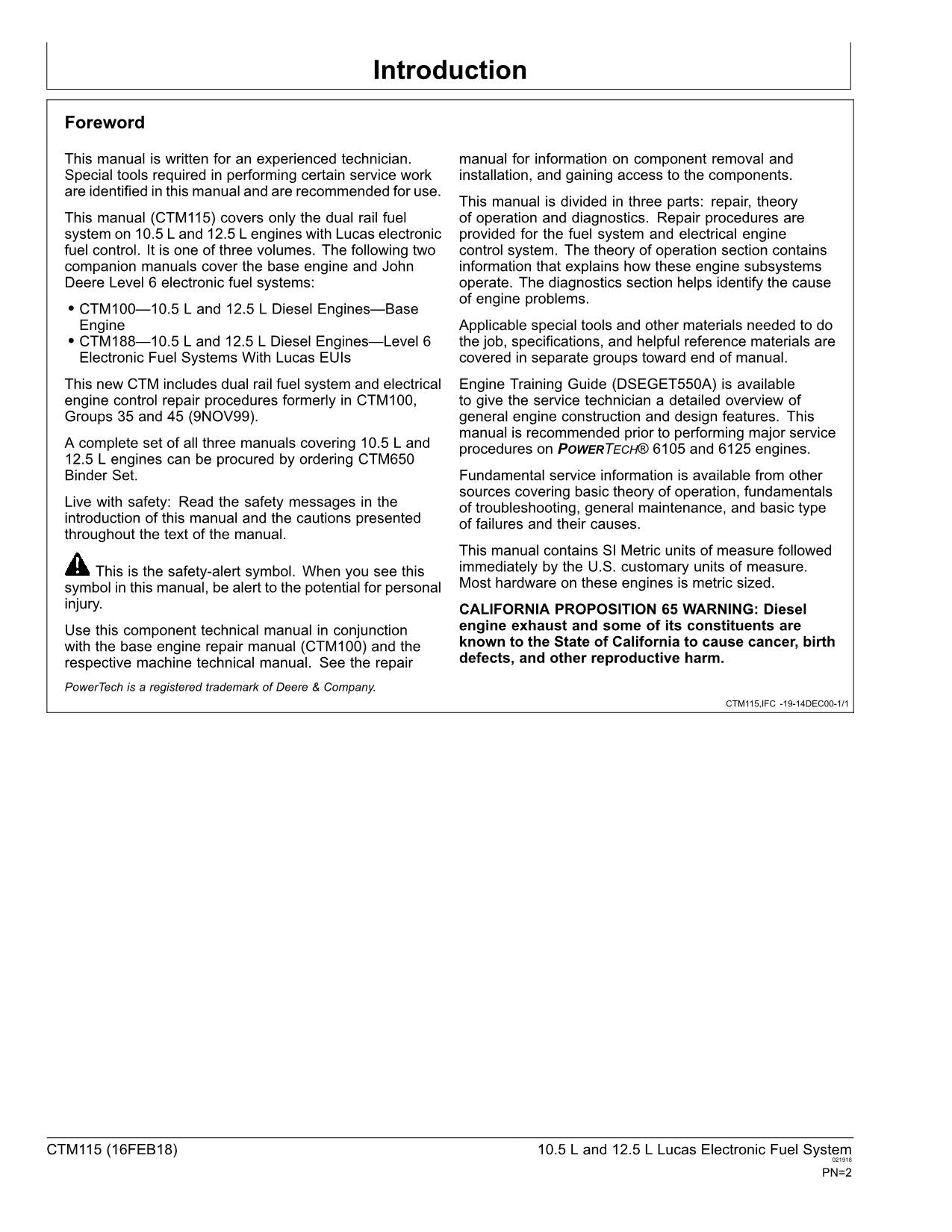 John Deere 6105L PowerTech 10.5 L 12.5 L Engine Fuel System Service Manual