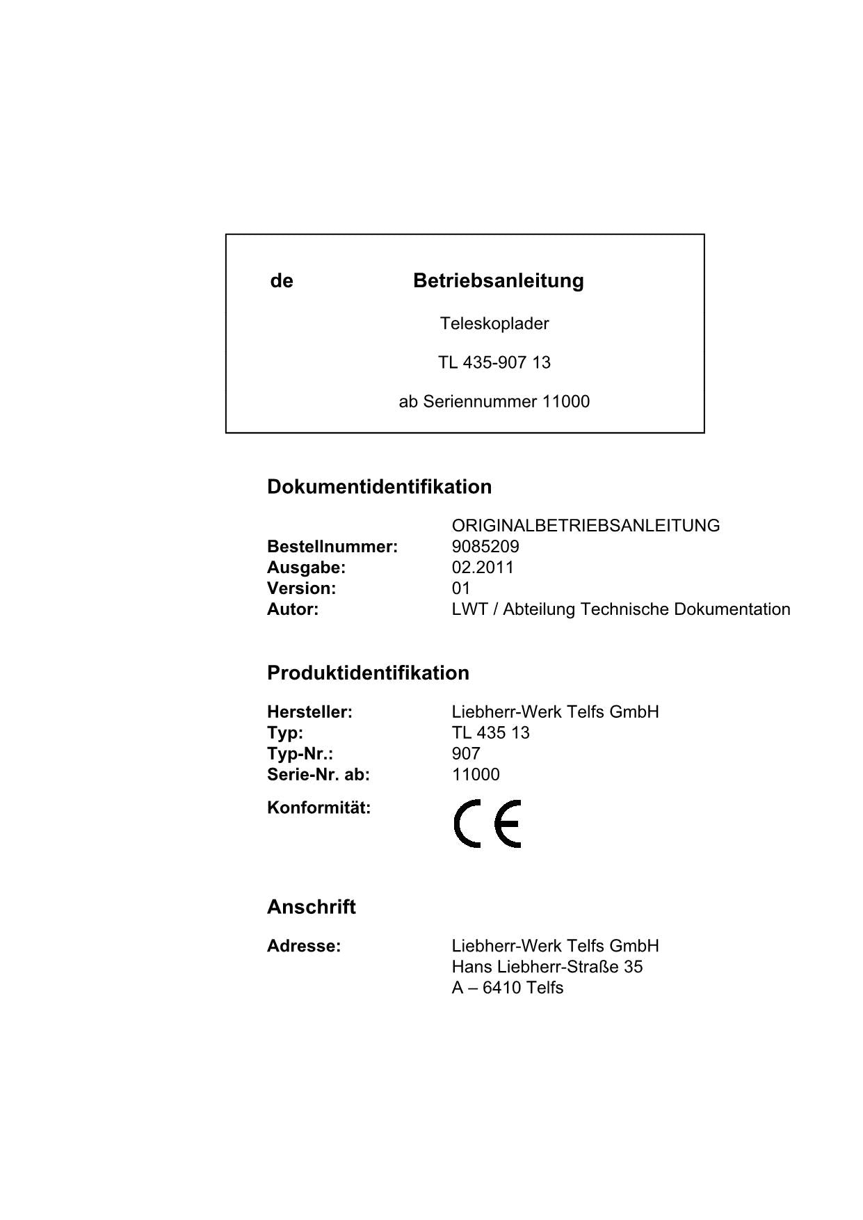 Liebherr TL435 13 Teleskoplader Manuel d'instructions