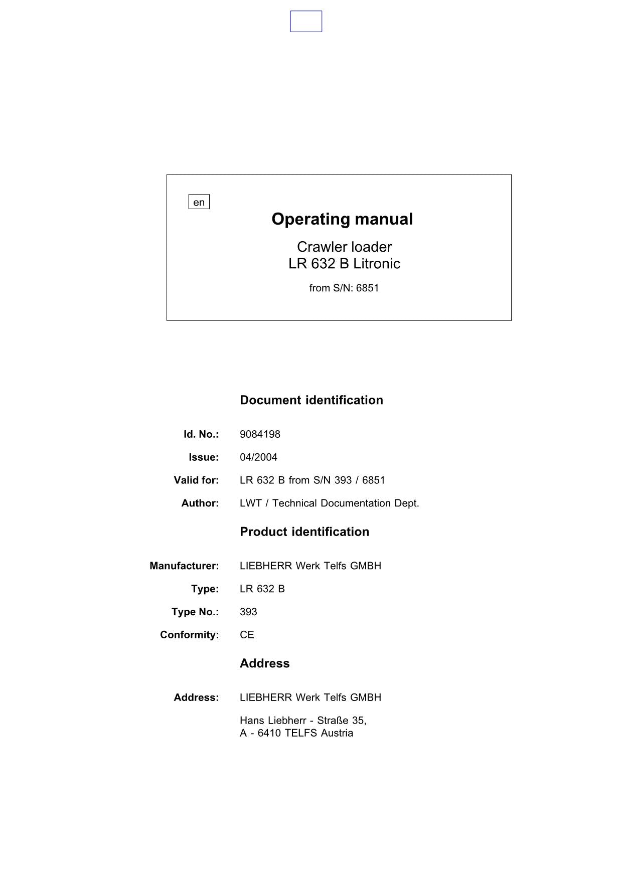 Manuel d'utilisation de la chargeuse sur chenilles Liebherr LR632 B Litronic 9084198