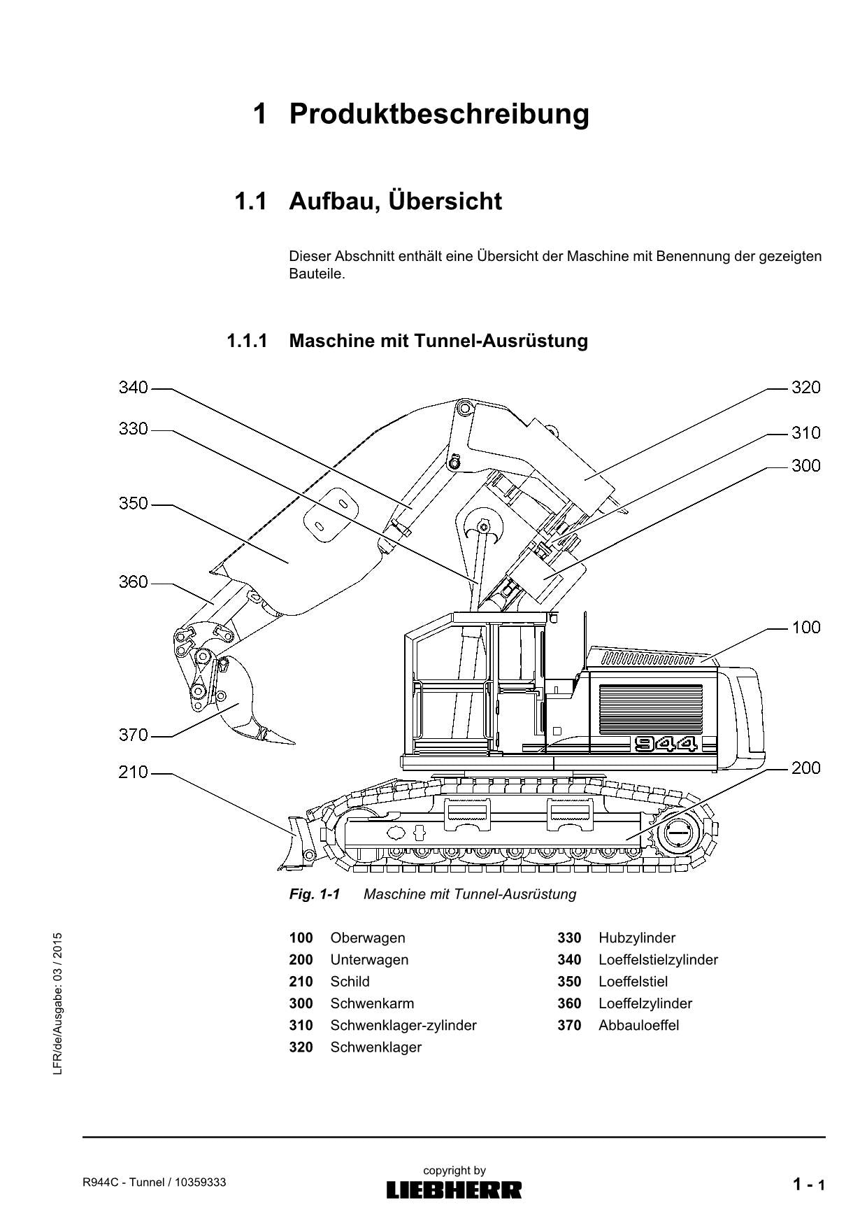 Liebherr R944 C Tunnel Hydraulikbagger Betriebsanleitung 2015