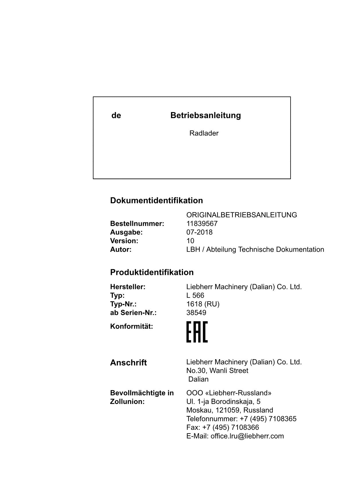 Liebherr L566 Radlader Betriebsanleitung ser 38549 RU