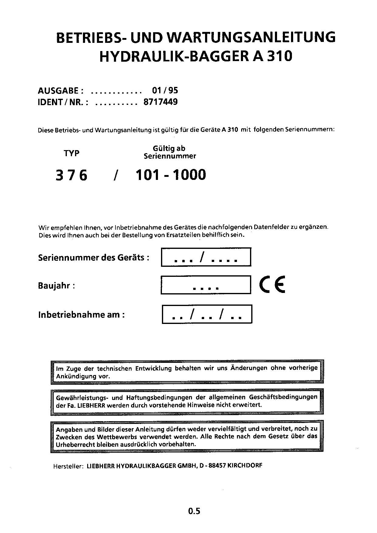 Liebherr A310 Hydraulikbagger Manuel d'instructions Manuel d'entretien