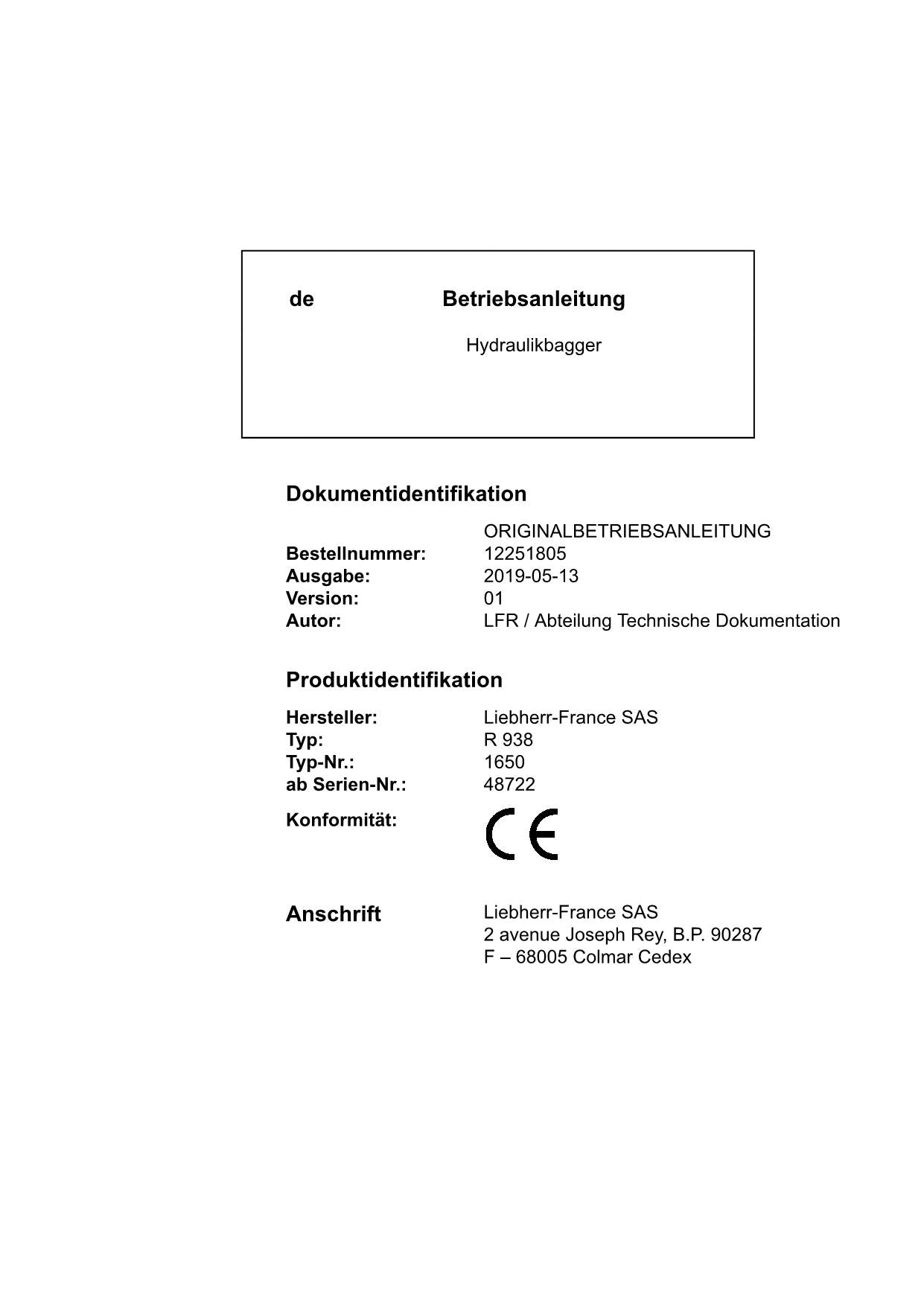 Liebherr R938 Hydraulikbagger Betriebsanleitung ser 48722