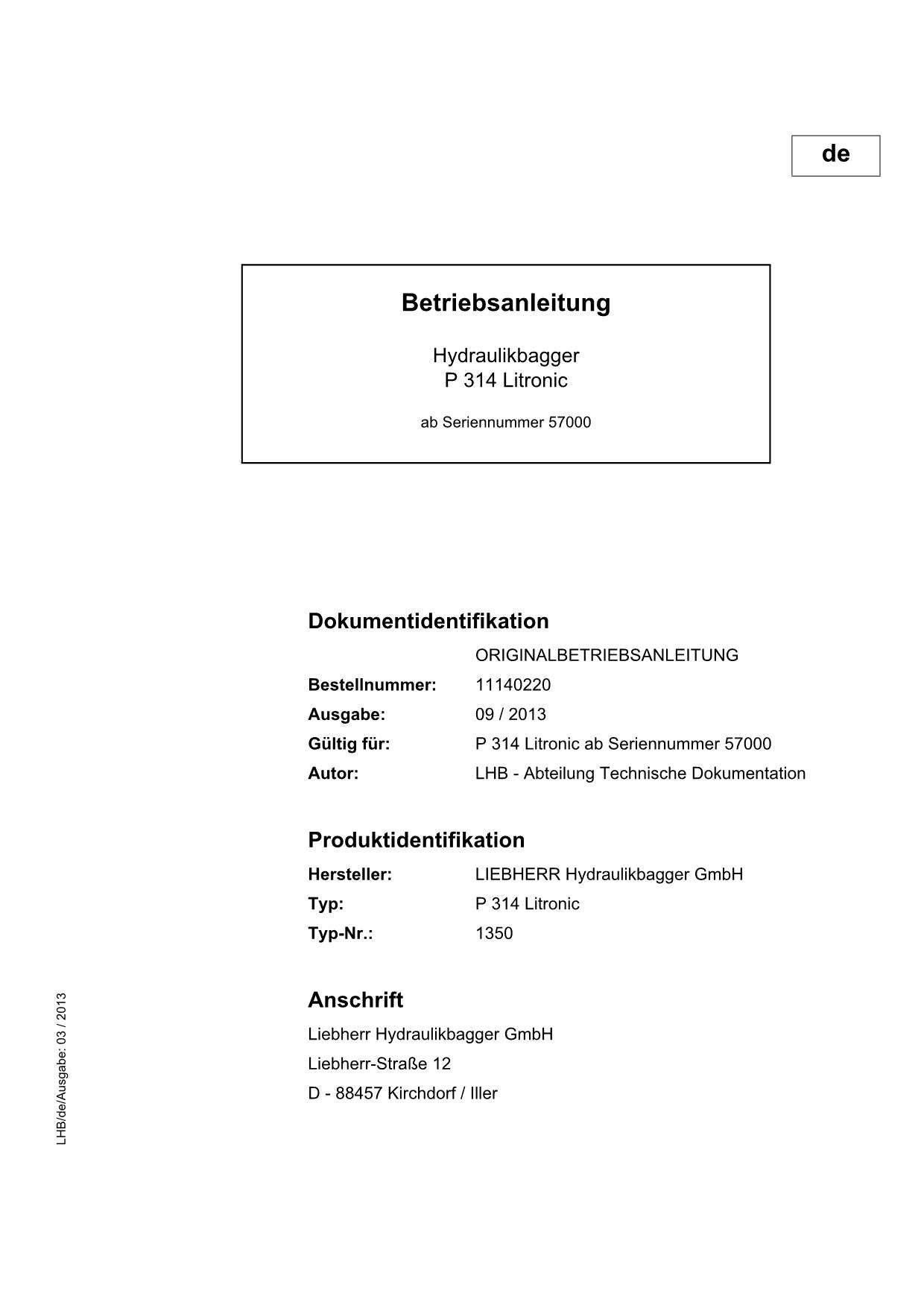 Liebherr P314 Litronic Hydraulikbagger Manuel d'instructions