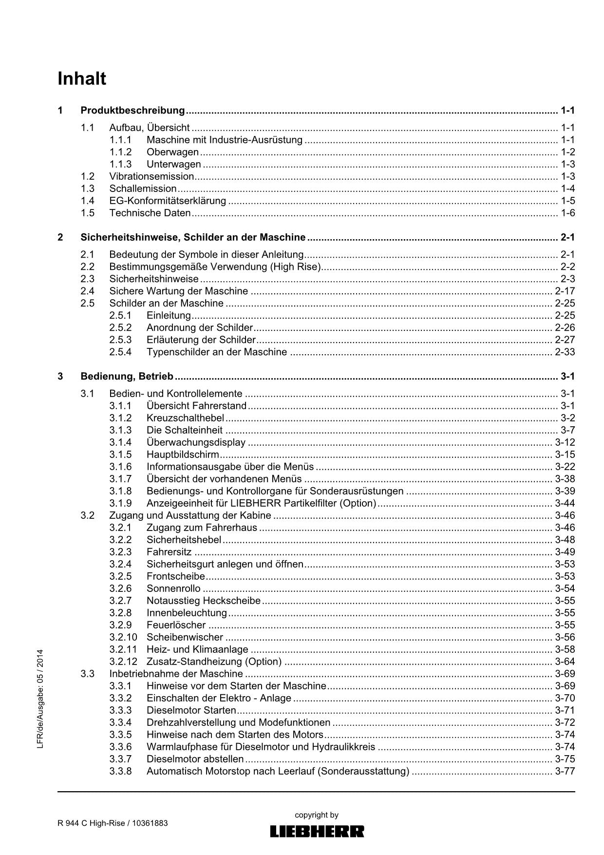 Liebherr R944 C High-Rise Hydraulikbagger Betriebsanleitung