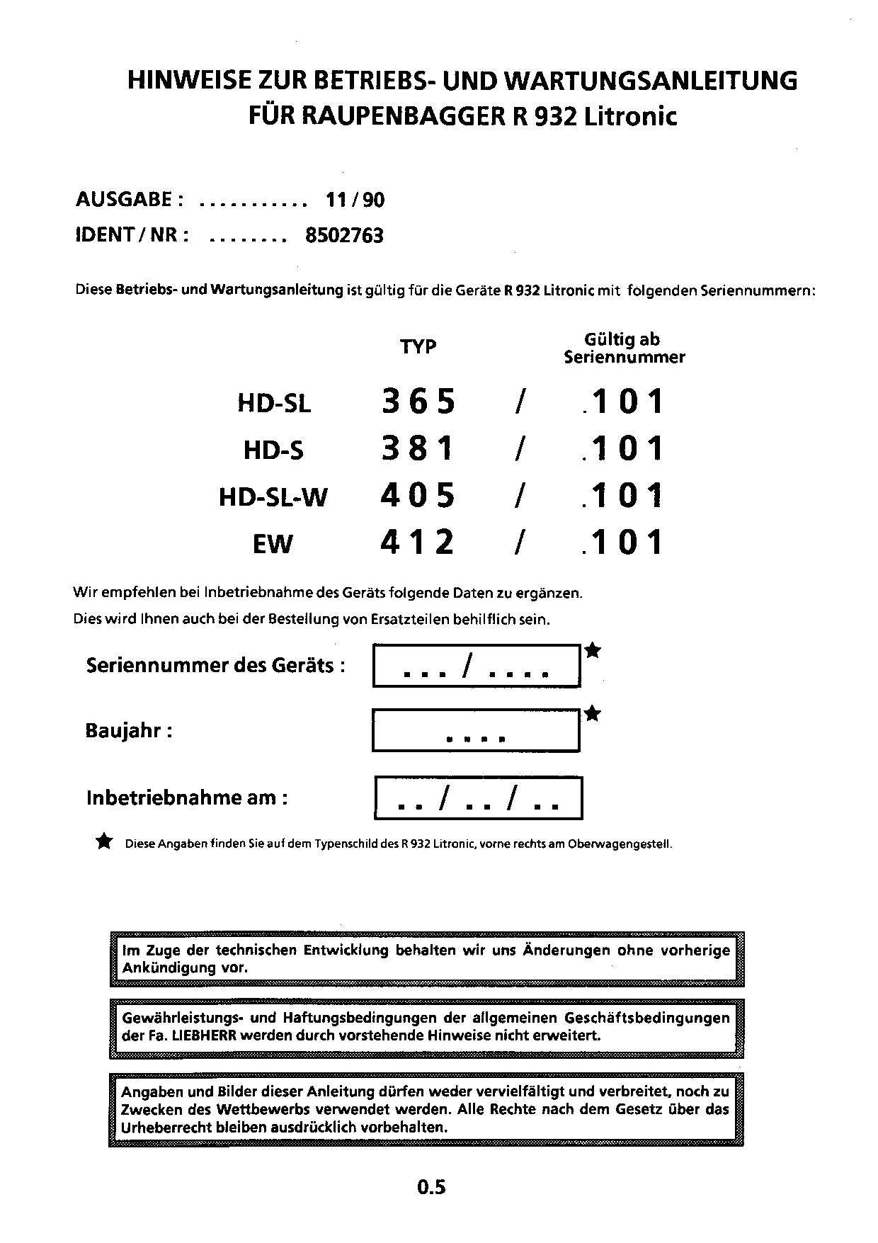 Liebherr R932 Litronic Hydraulikbagger Manuel d'instructions 8502763