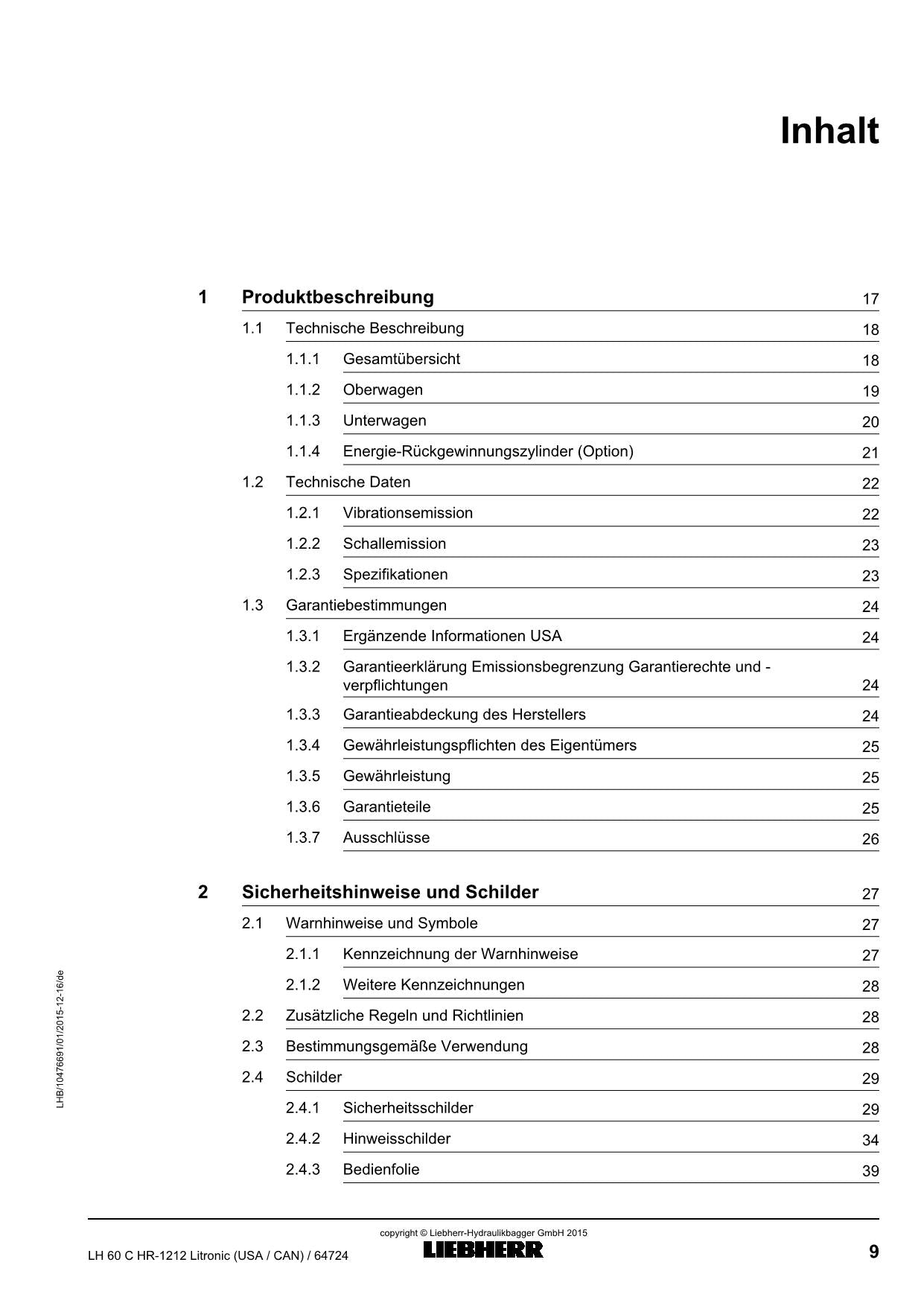 Liebherr LH60 C HRLitronic USACAN Materialumschlaggerät Betriebsanleitung