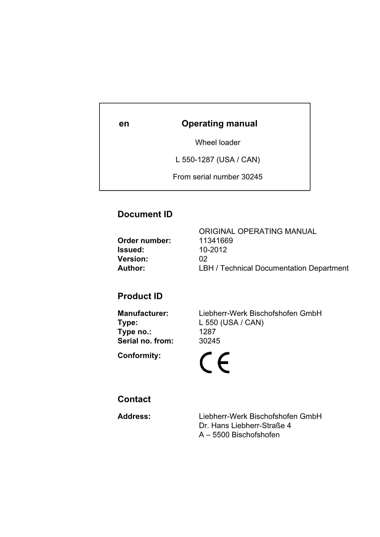 Liebherr L550-1287 (USA CAN) Wheel Loader Operators manual