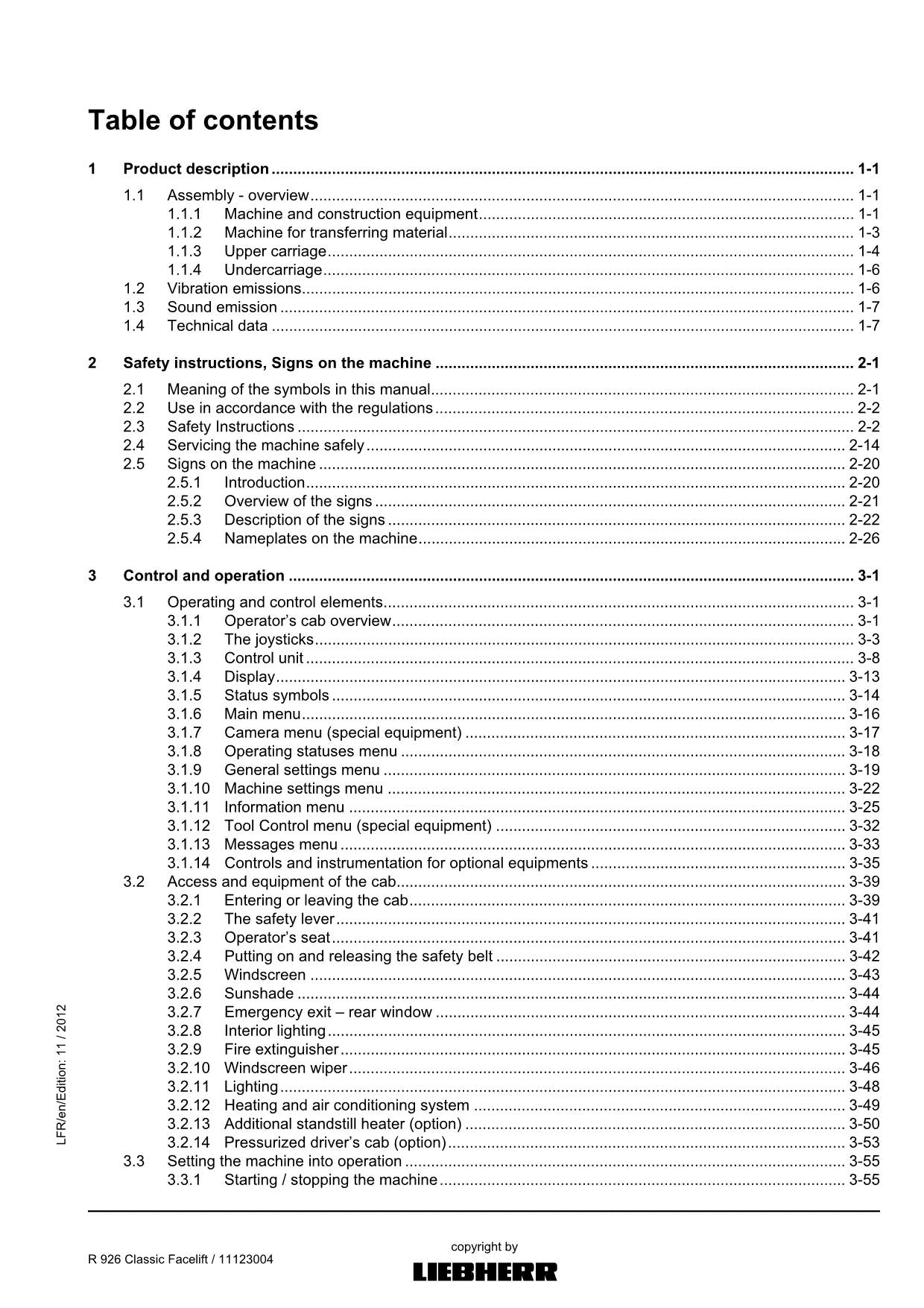 Liebherr R926 Classic Facelift Excavator Operators manual