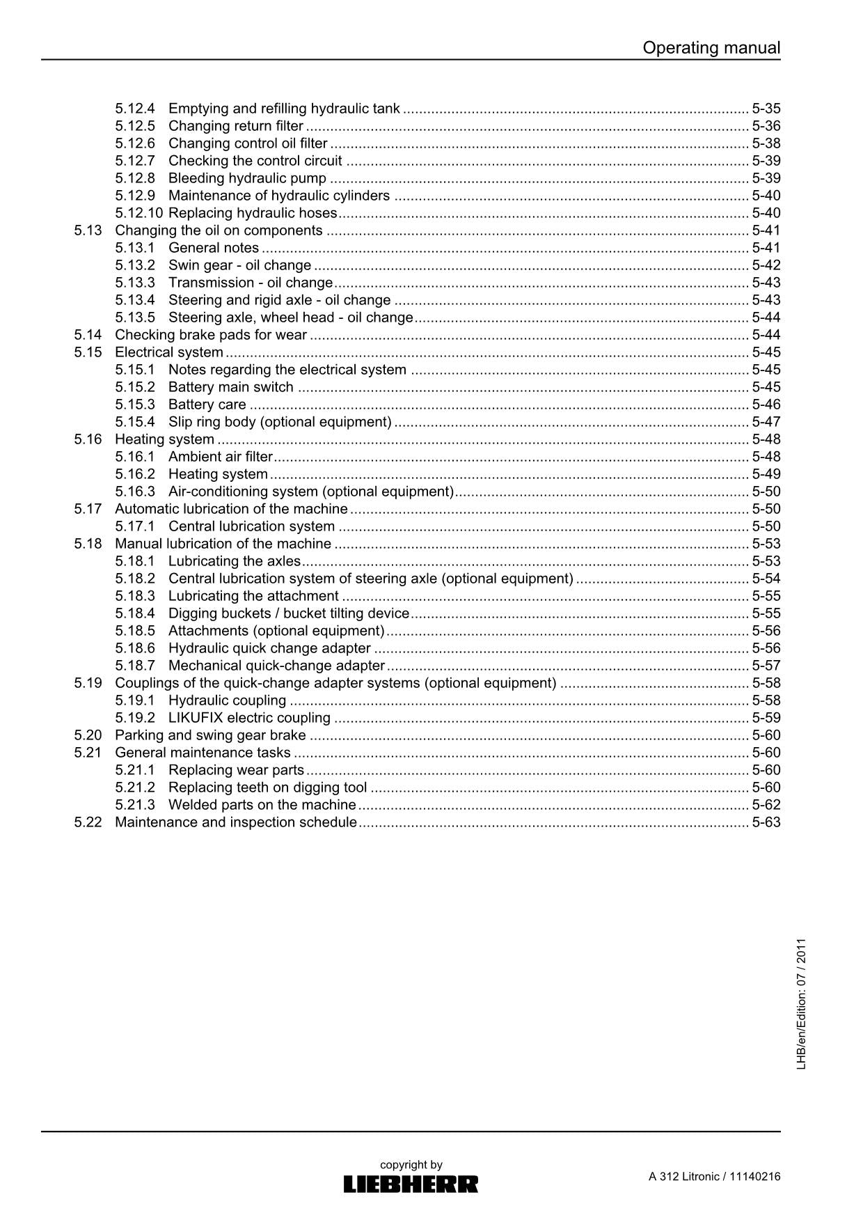 Liebherr A312 Litronic Excavator Operators manual