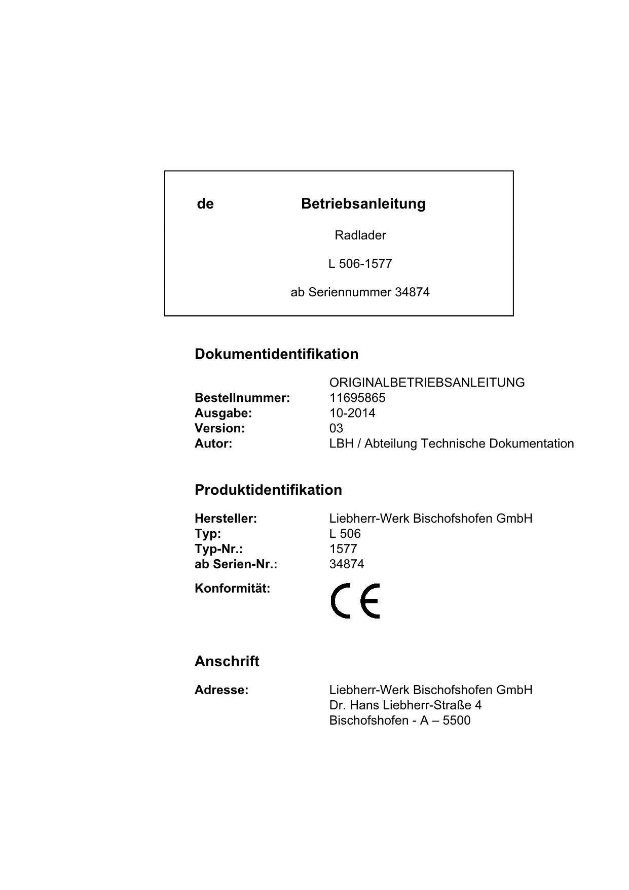 Liebherr L506 Radlader Betriebsanleitung ser 34874