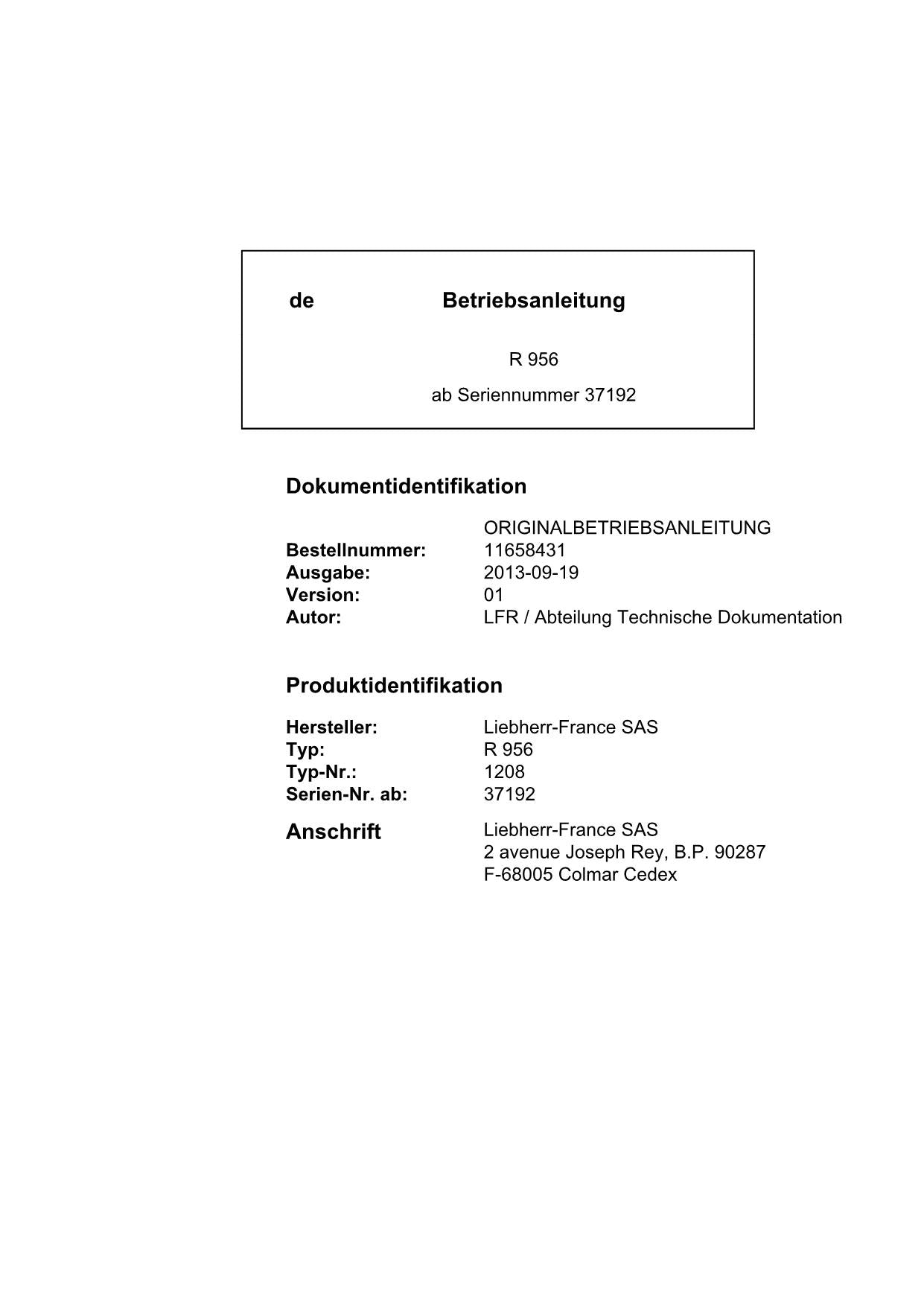 Liebherr R956 Hydraulikbagger Betriebsanleitung 1208 37192