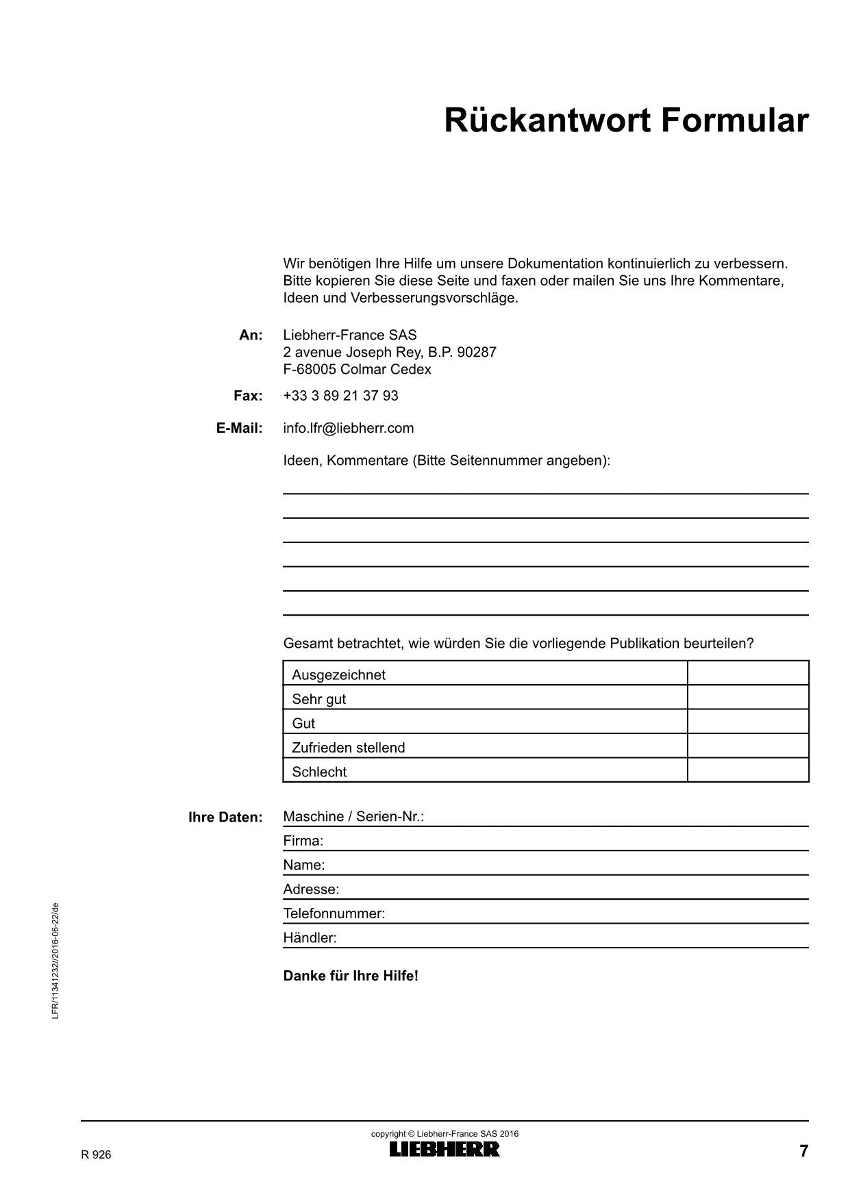 Liebherr R926 Hydraulikbagger Manuel d'instructions ser 35426