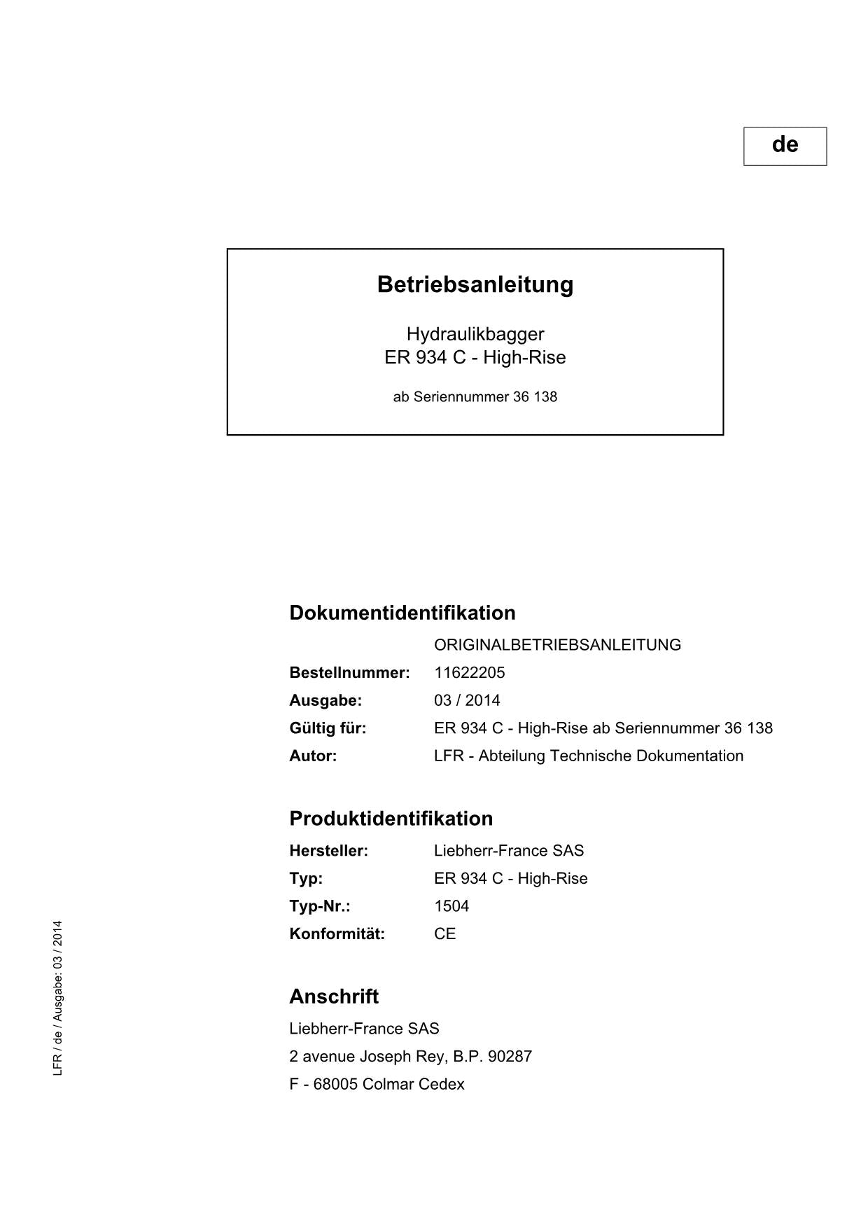 Liebherr ER934 C High Rise Hydraulikbagger Betriebsanleitung