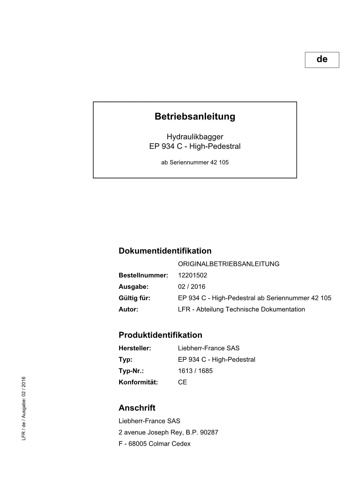 Liebherr EP934 C High-Pedestral Hydraulikbagger Betriebsanleitung